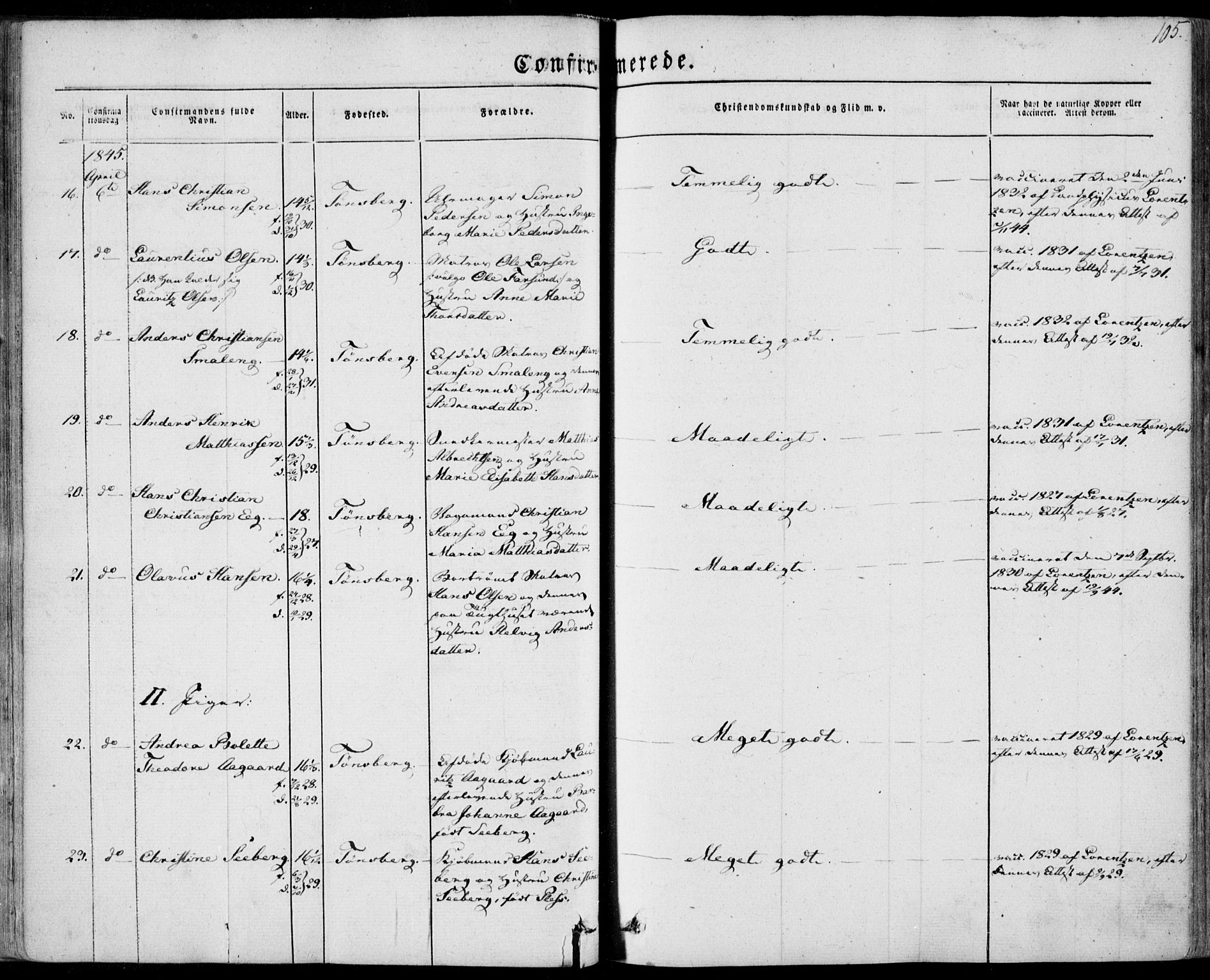 Tønsberg kirkebøker, SAKO/A-330/F/Fa/L0007: Parish register (official) no. I 7, 1845-1854, p. 105