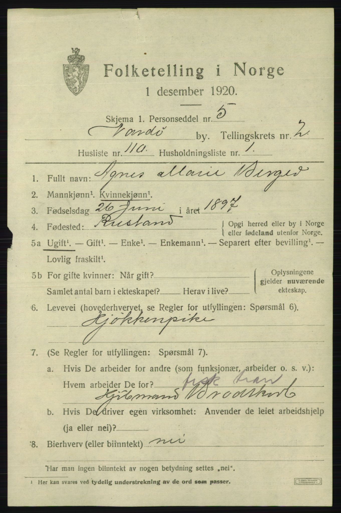 SATØ, 1920 census for Vardø, 1920, p. 7567