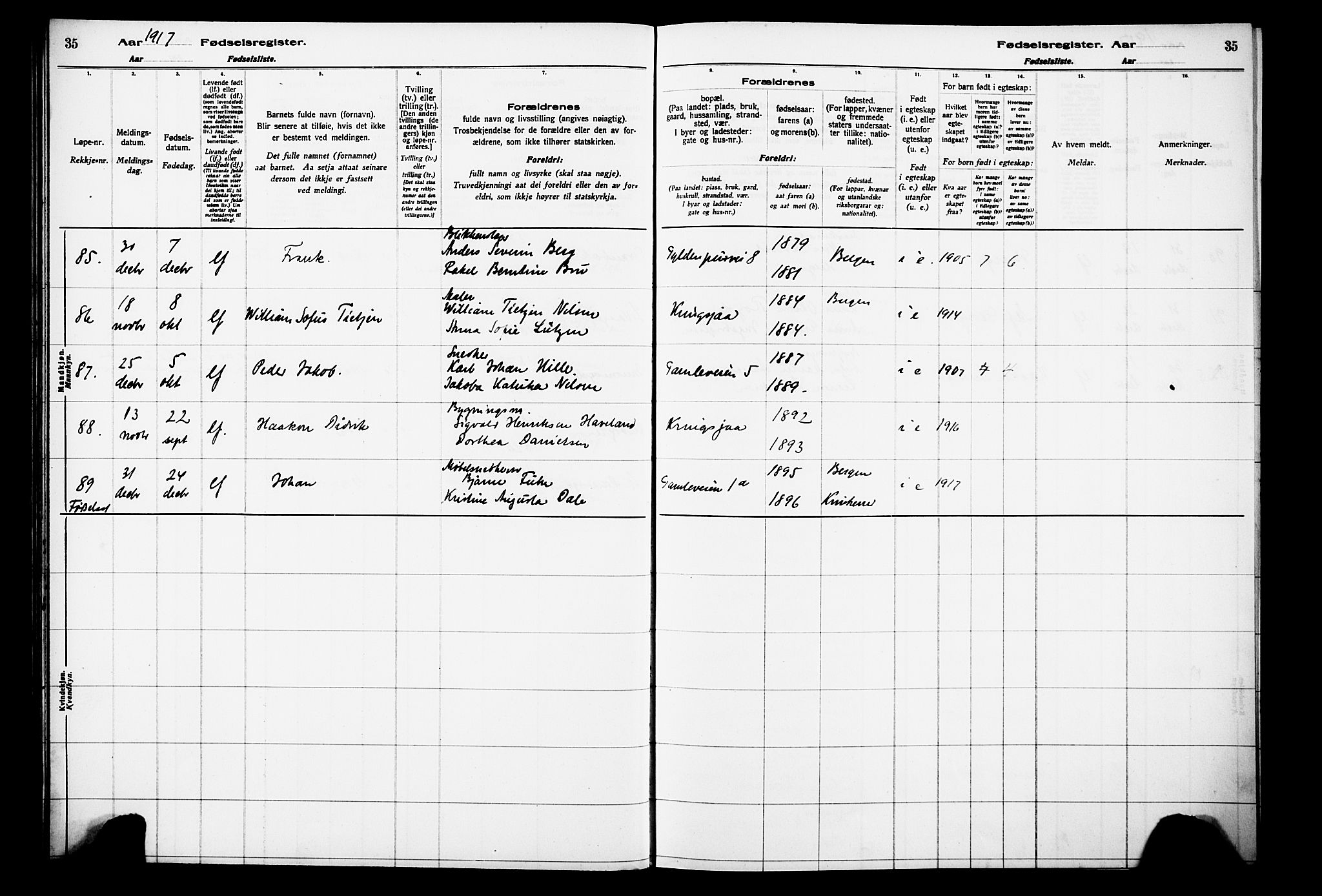 Laksevåg Sokneprestembete, AV/SAB-A-76501/I/Id/L00A1: Birth register no. A 1, 1916-1926, p. 35