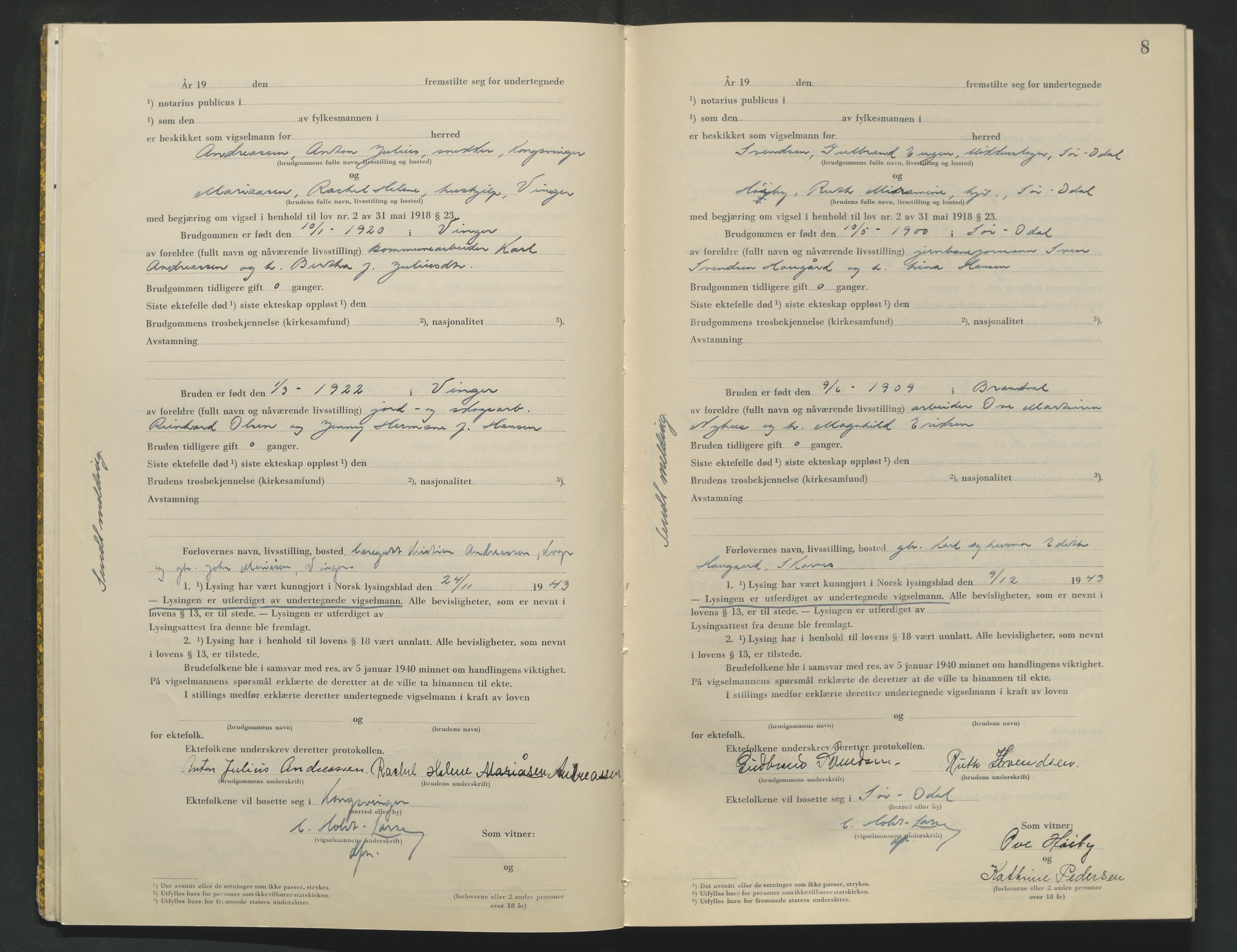 Vinger og Odal sorenskriveri, AV/SAH-TING-022/L/Lb/L0003: Vigselsprotokoll, 1943-1944, p. 8