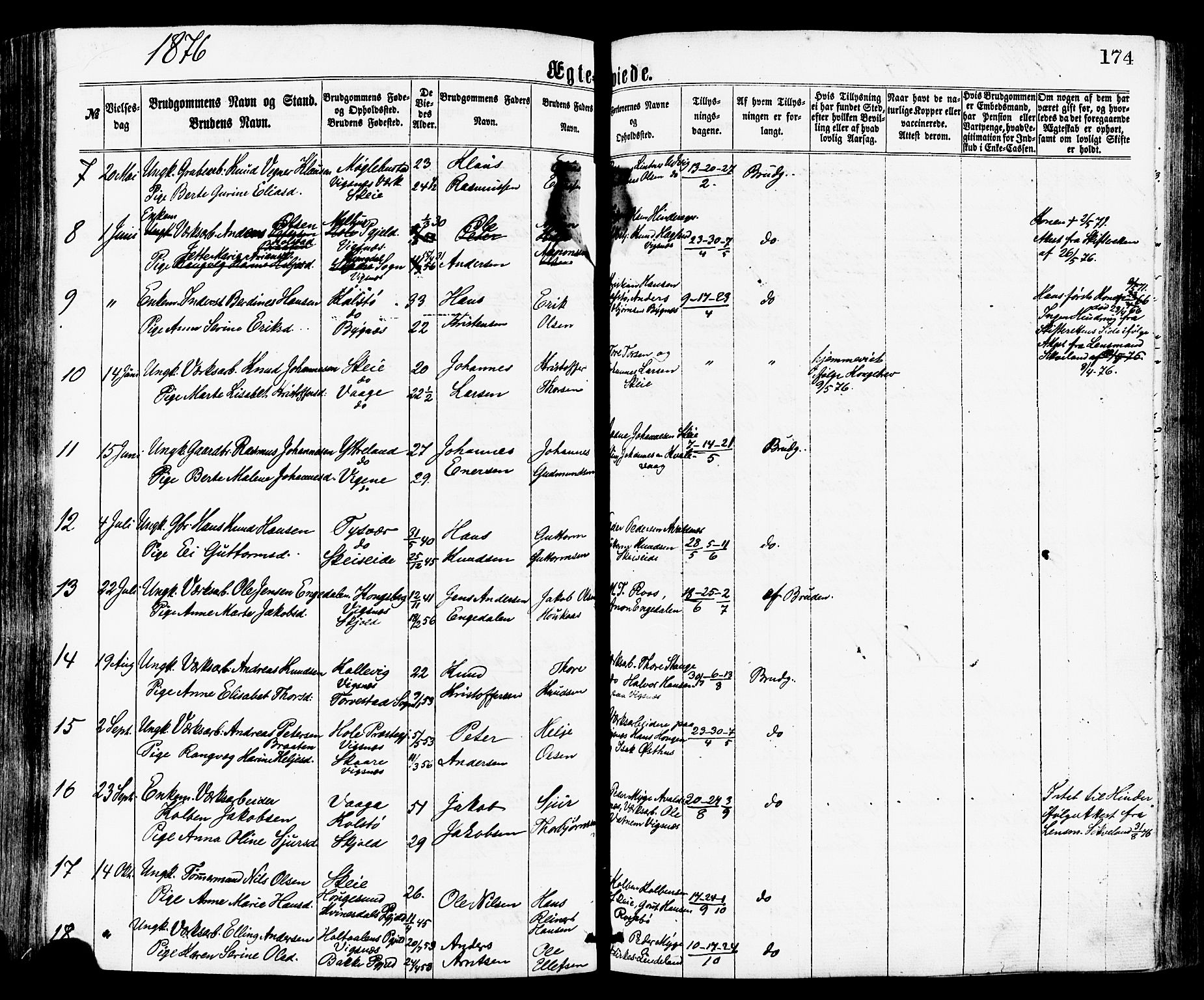 Avaldsnes sokneprestkontor, AV/SAST-A -101851/H/Ha/Haa/L0012: Parish register (official) no. A 12, 1865-1880, p. 174