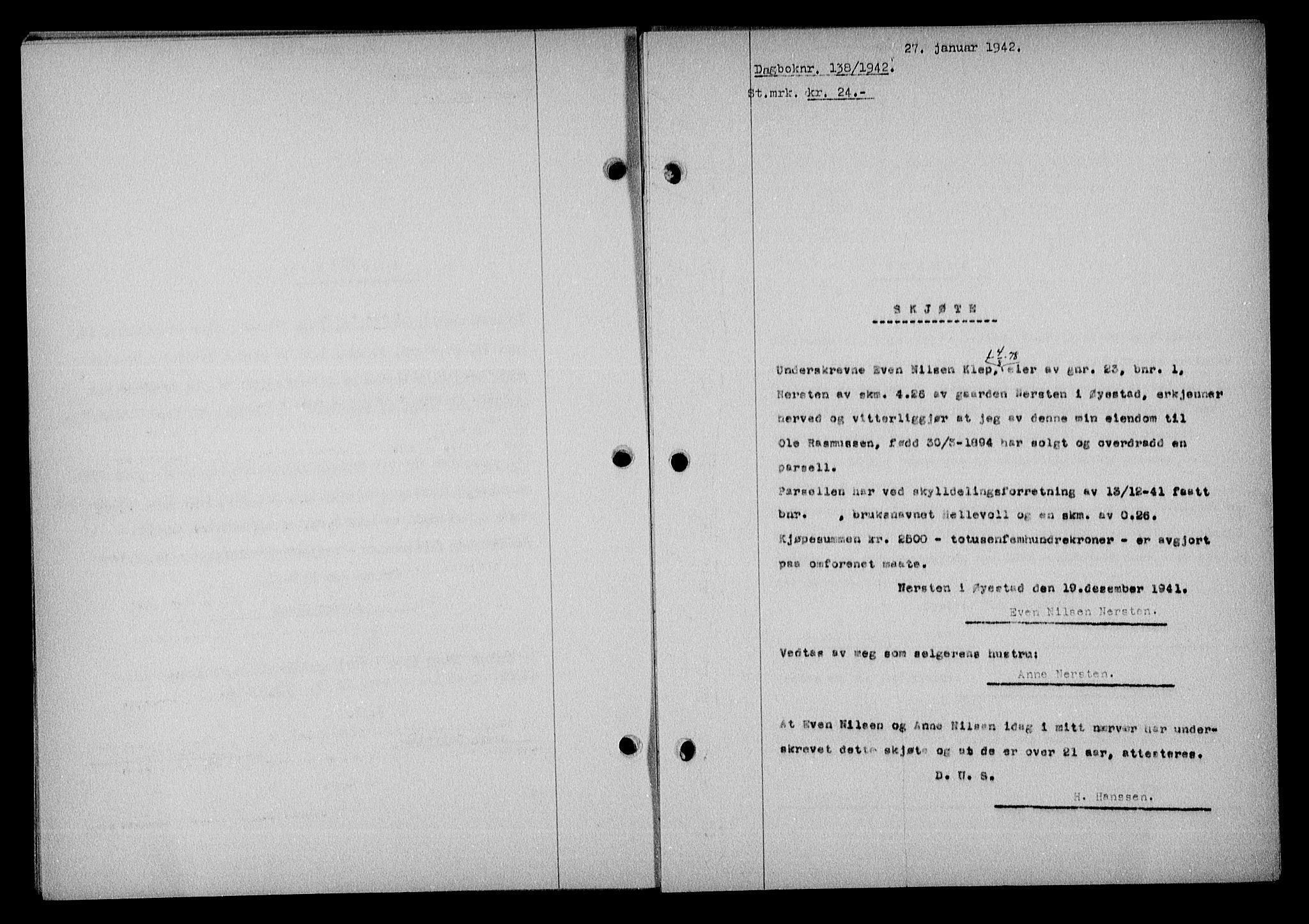 Nedenes sorenskriveri, AV/SAK-1221-0006/G/Gb/Gba/L0049: Mortgage book no. A-III, 1941-1942, Diary no: : 138/1942