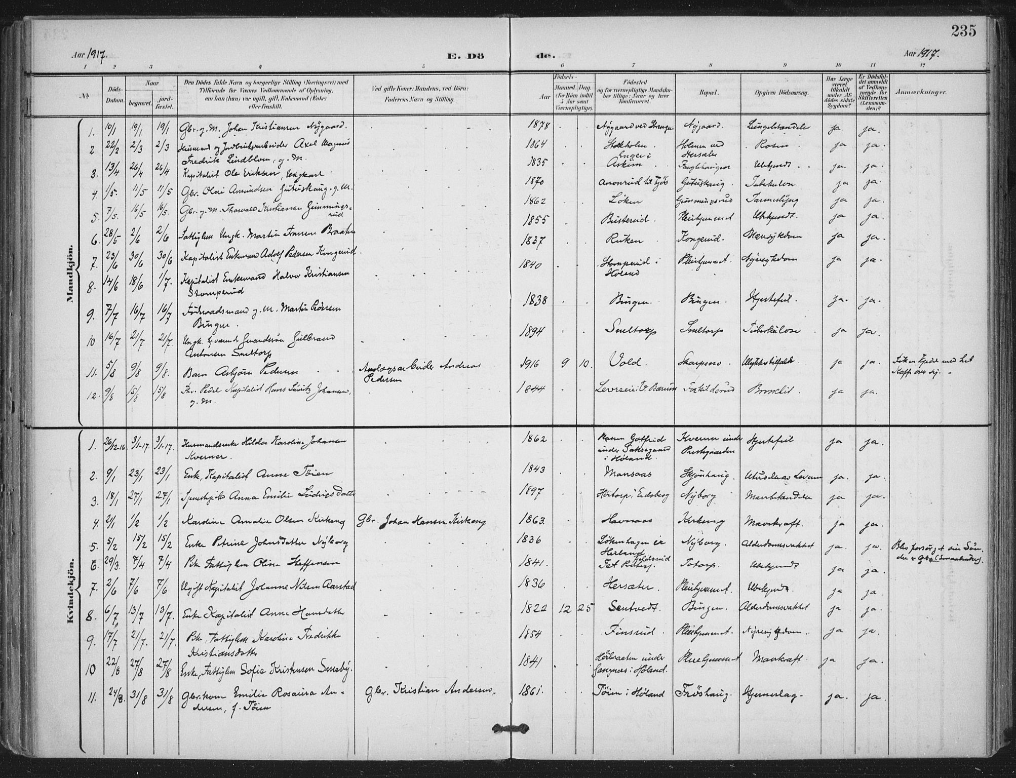 Trøgstad prestekontor Kirkebøker, AV/SAO-A-10925/F/Fa/L0011: Parish register (official) no. I 11, 1899-1919, p. 235