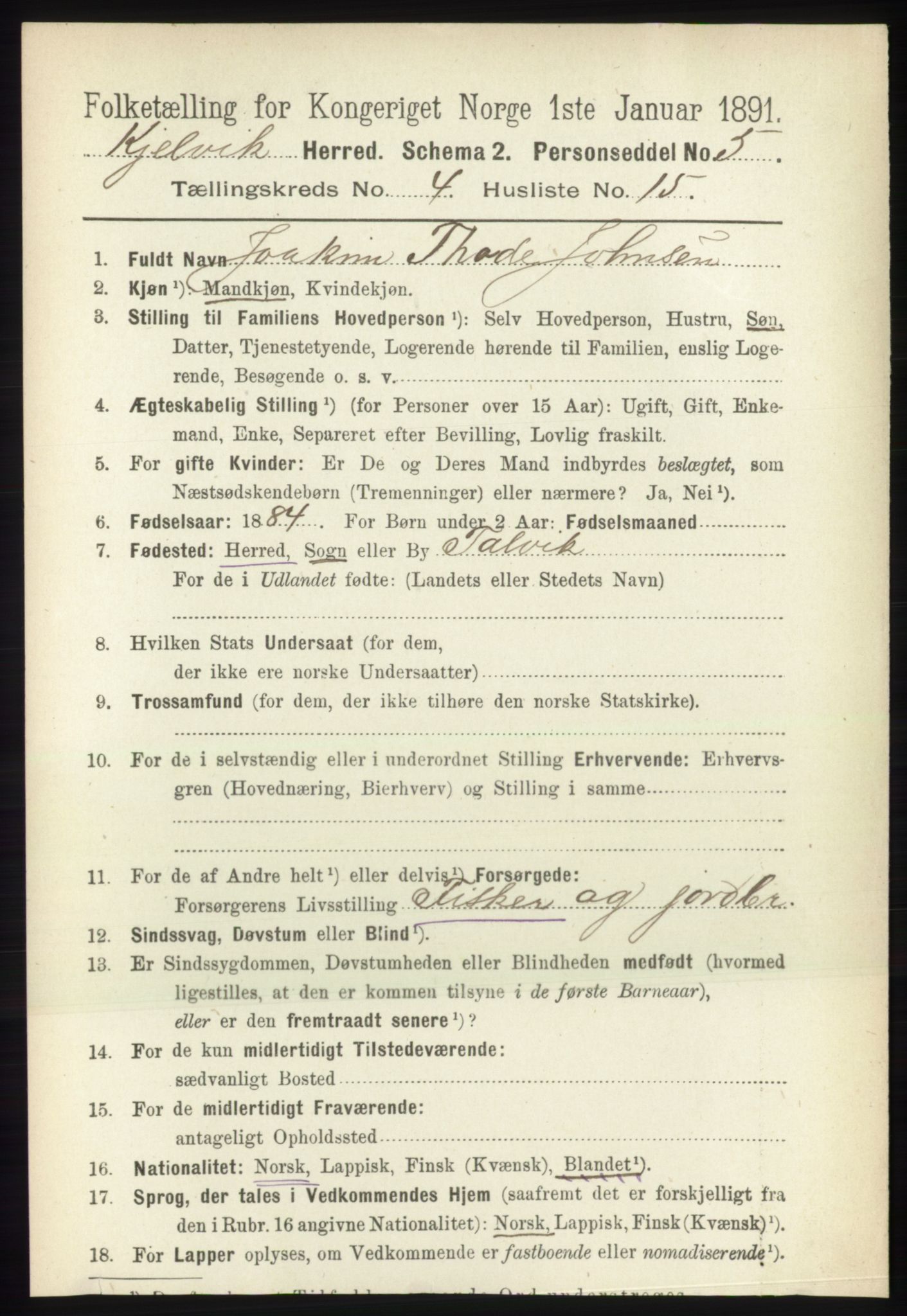 RA, 1891 census for 2019 Kjelvik, 1891, p. 525