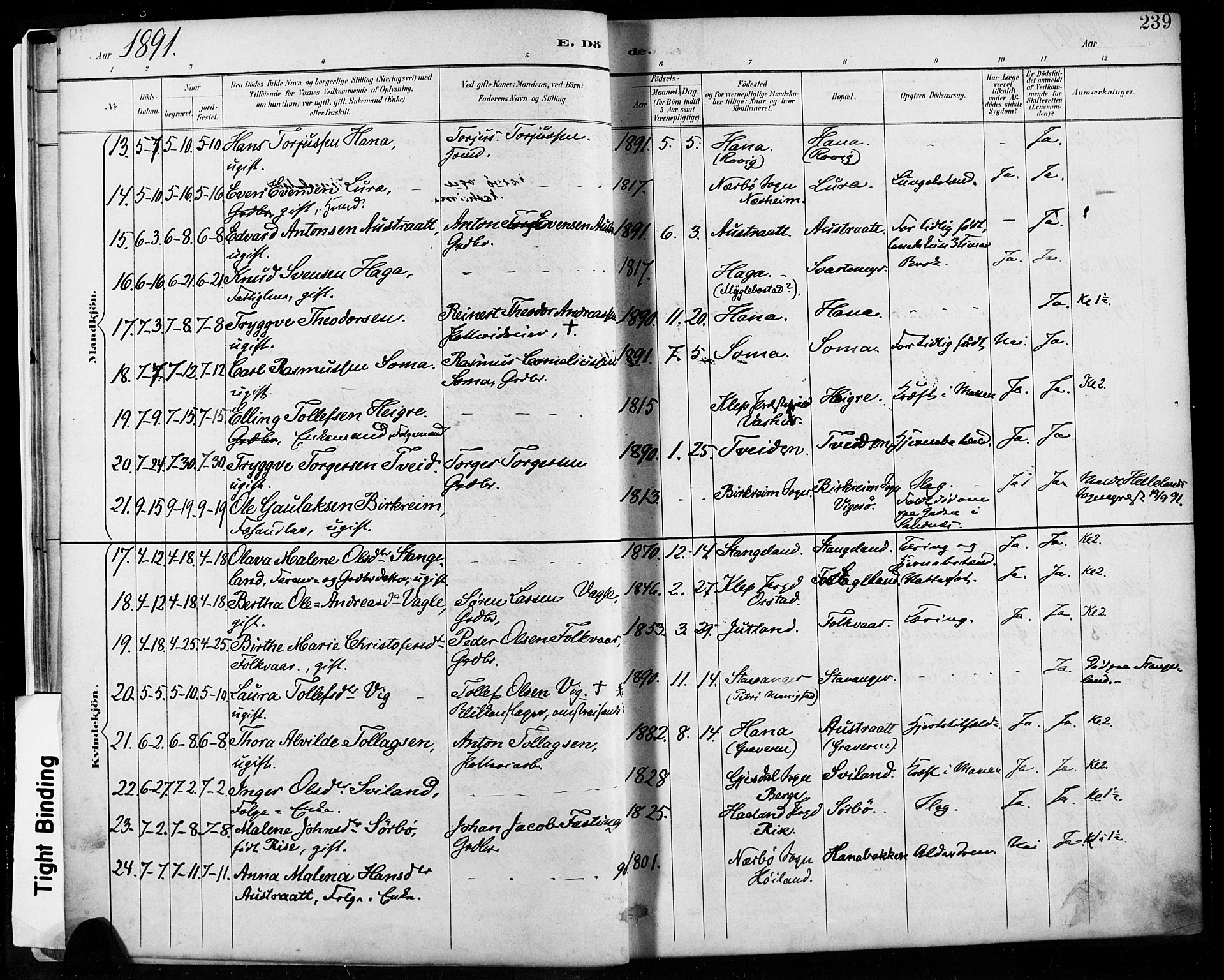 Høyland sokneprestkontor, AV/SAST-A-101799/001/30BA/L0013: Parish register (official) no. A 13.2, 1889-1898, p. 239