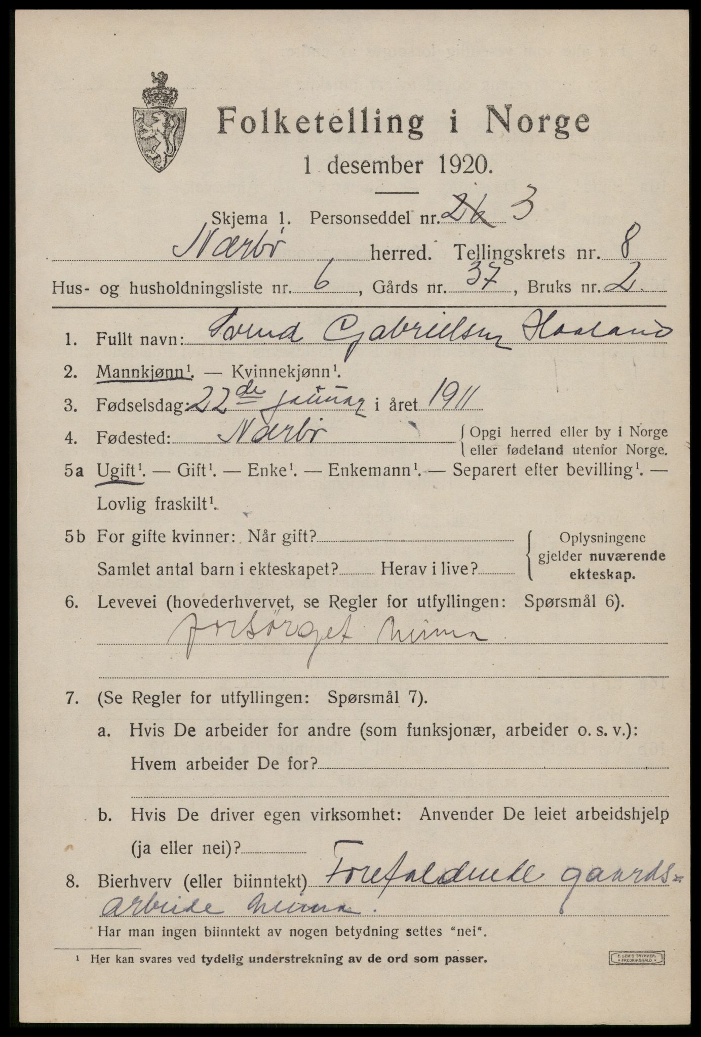 SAST, 1920 census for Nærbø, 1920, p. 5149