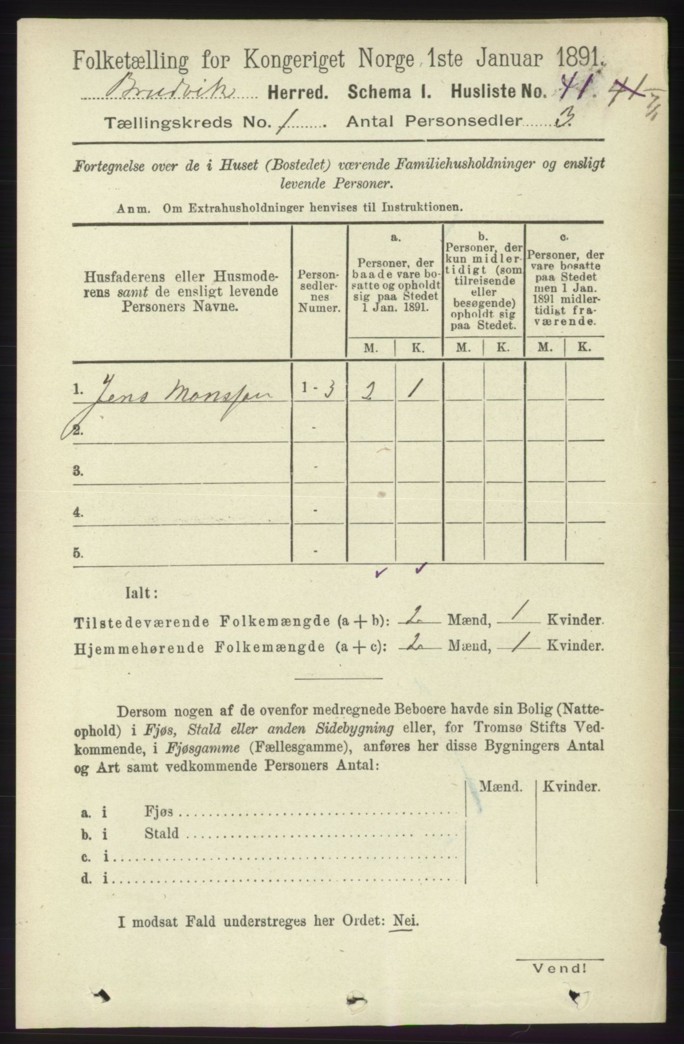 RA, 1891 census for 1251 Bruvik, 1891, p. 69