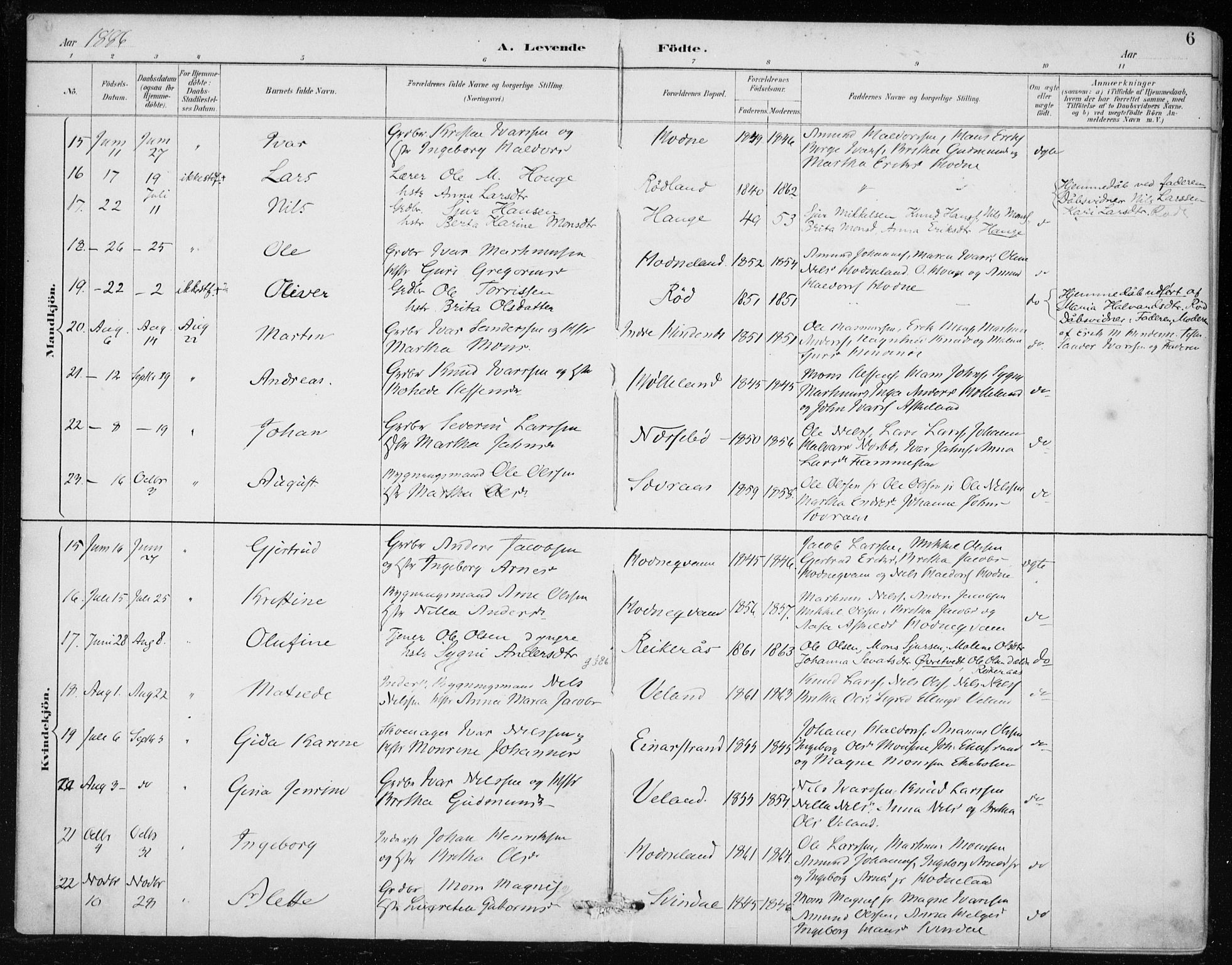 Lindås Sokneprestembete, SAB/A-76701/H/Haa: Parish register (official) no. F  1, 1886-1897, p. 6