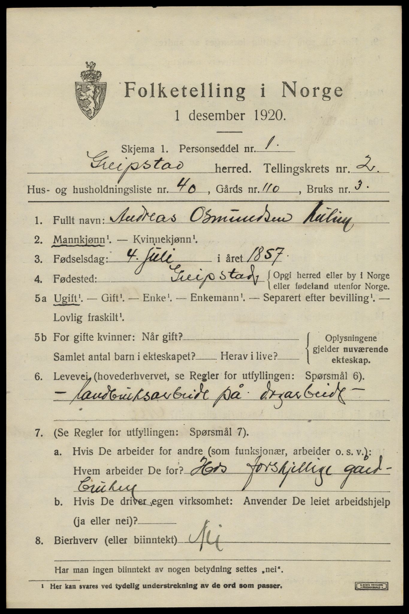 SAK, 1920 census for Greipstad, 1920, p. 1218