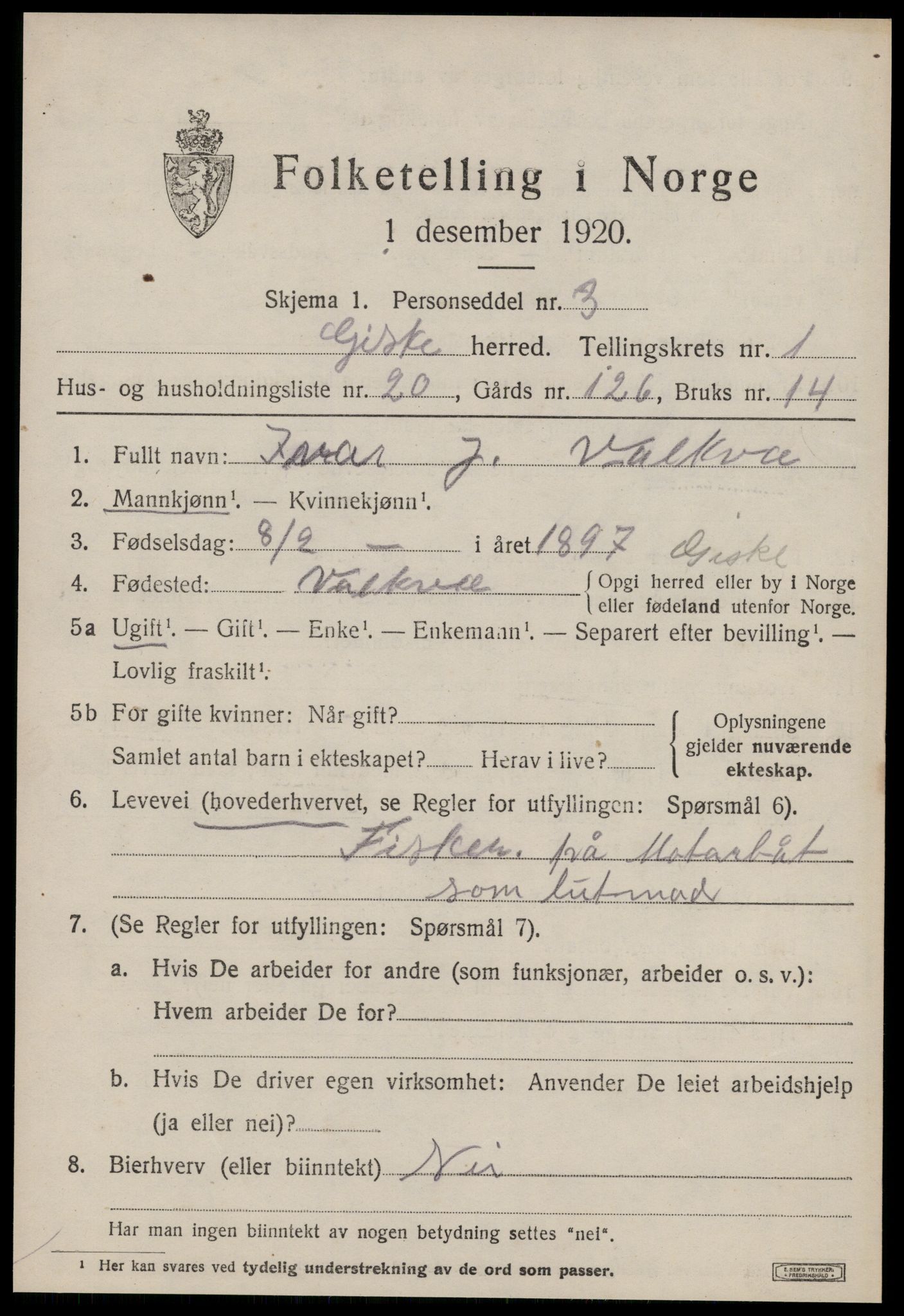 SAT, 1920 census for Giske, 1920, p. 848