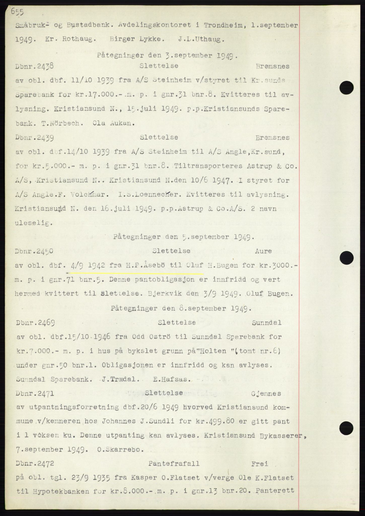 Nordmøre sorenskriveri, SAT/A-4132/1/2/2Ca: Mortgage book no. C82b, 1946-1951, Diary no: : 2438/1949