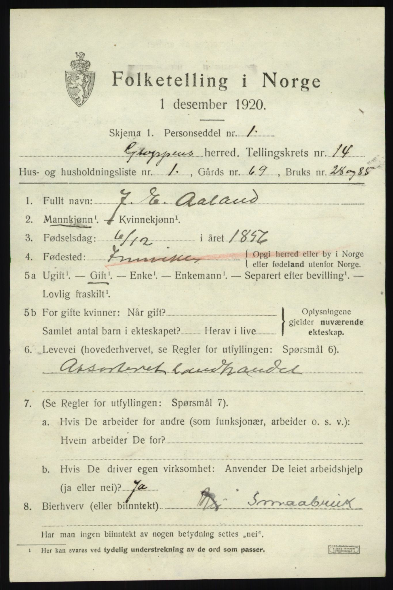 SAB, 1920 census for Gloppen, 1920, p. 6888