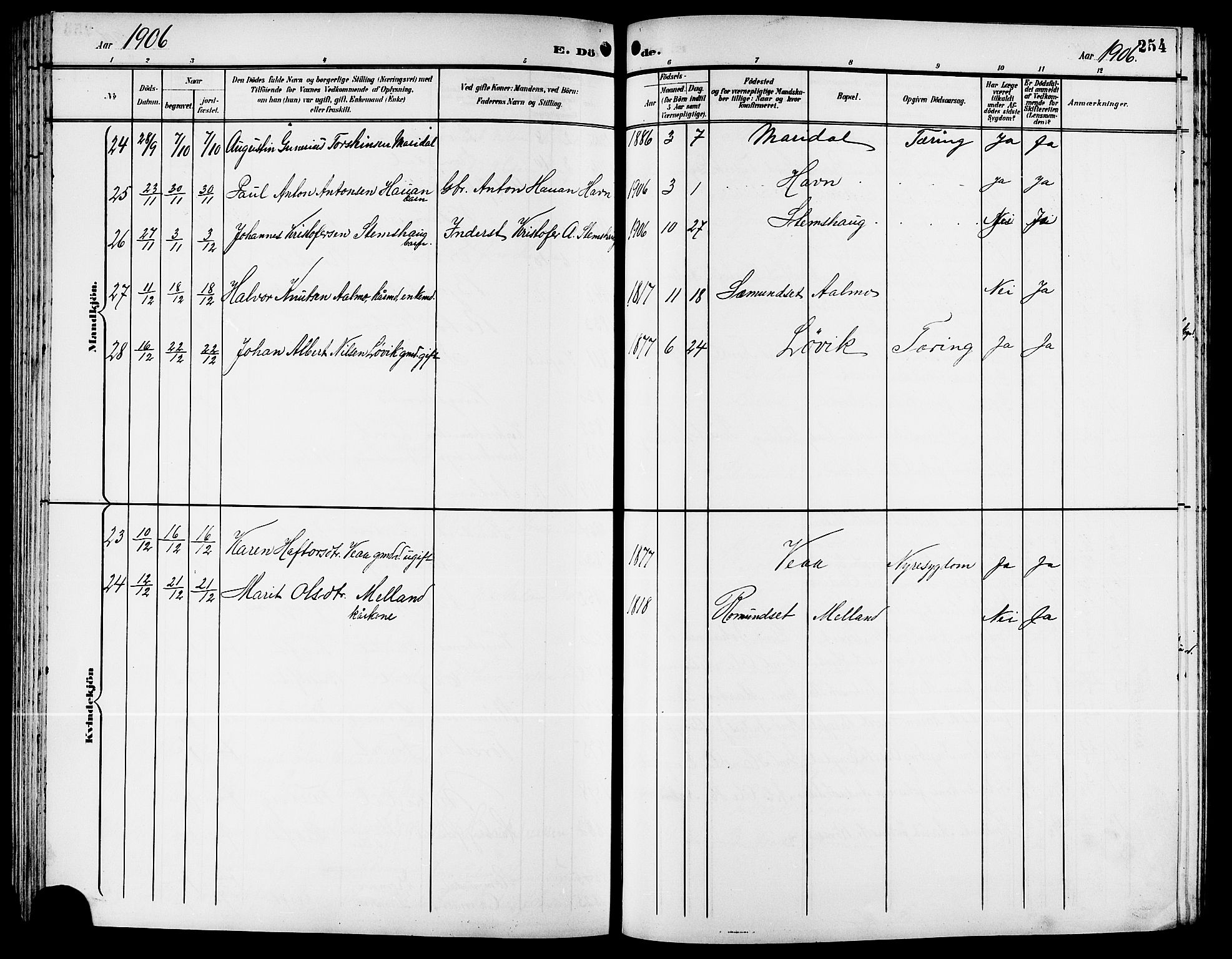 Ministerialprotokoller, klokkerbøker og fødselsregistre - Møre og Romsdal, AV/SAT-A-1454/578/L0910: Parish register (copy) no. 578C03, 1900-1921, p. 254