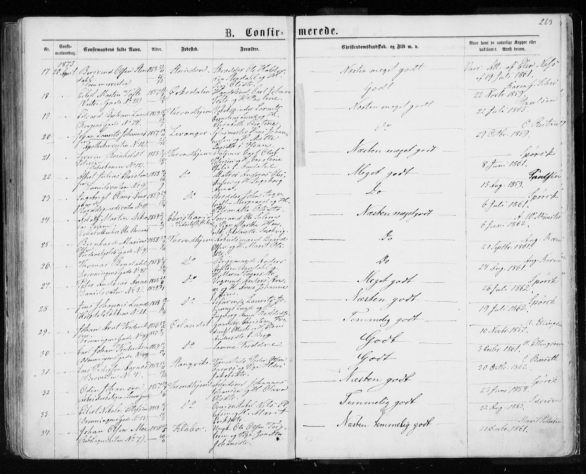 Ministerialprotokoller, klokkerbøker og fødselsregistre - Sør-Trøndelag, SAT/A-1456/601/L0054: Parish register (official) no. 601A22, 1866-1877, p. 263