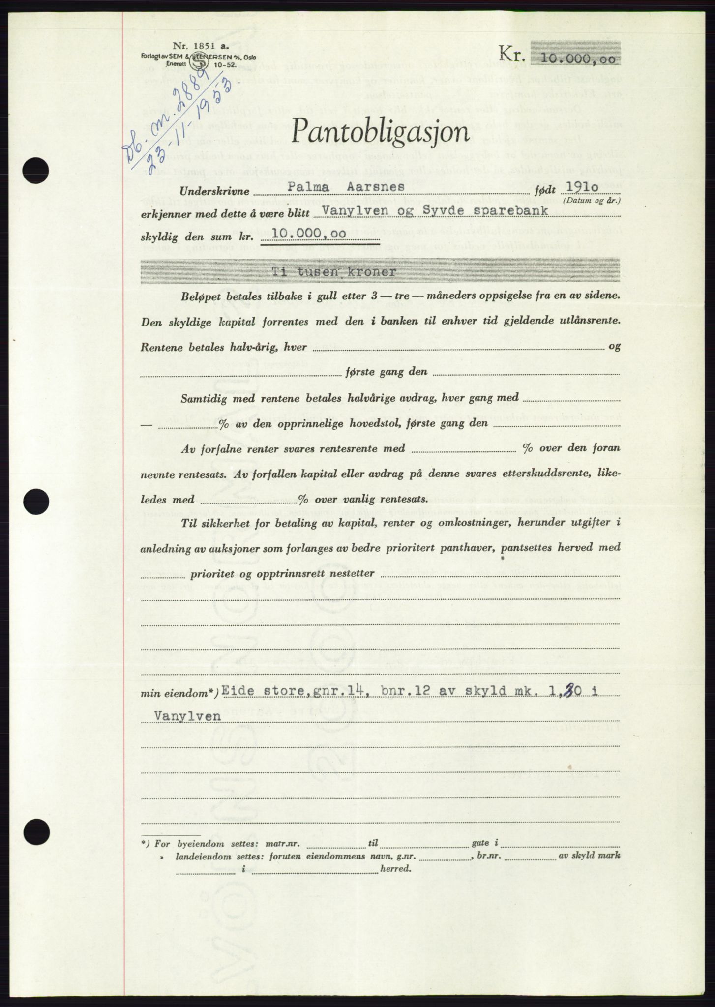 Søre Sunnmøre sorenskriveri, AV/SAT-A-4122/1/2/2C/L0124: Mortgage book no. 12B, 1953-1954, Diary no: : 2889/1953