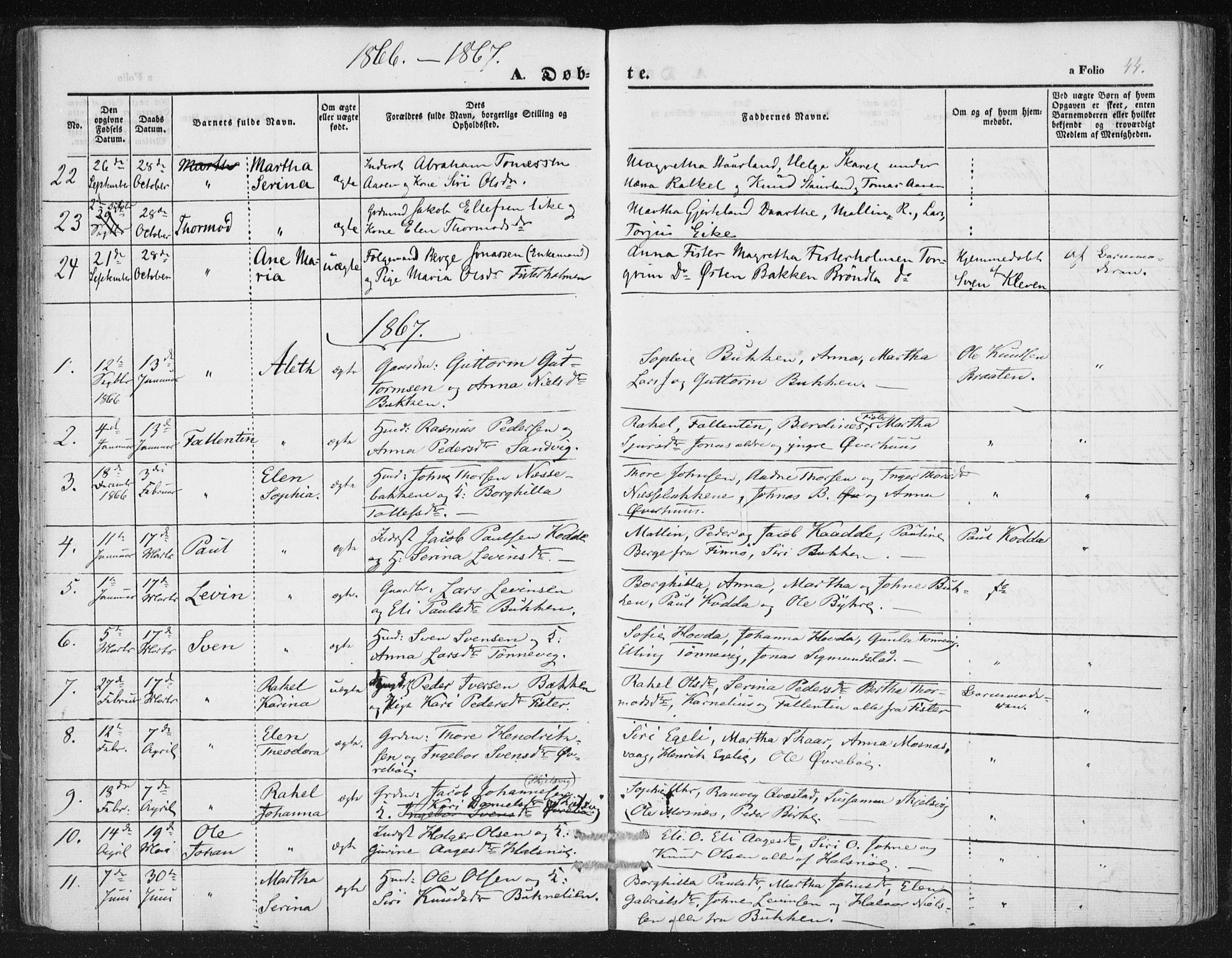 Hjelmeland sokneprestkontor, SAST/A-101843/01/IV/L0010: Parish register (official) no. A 10, 1851-1871, p. 44