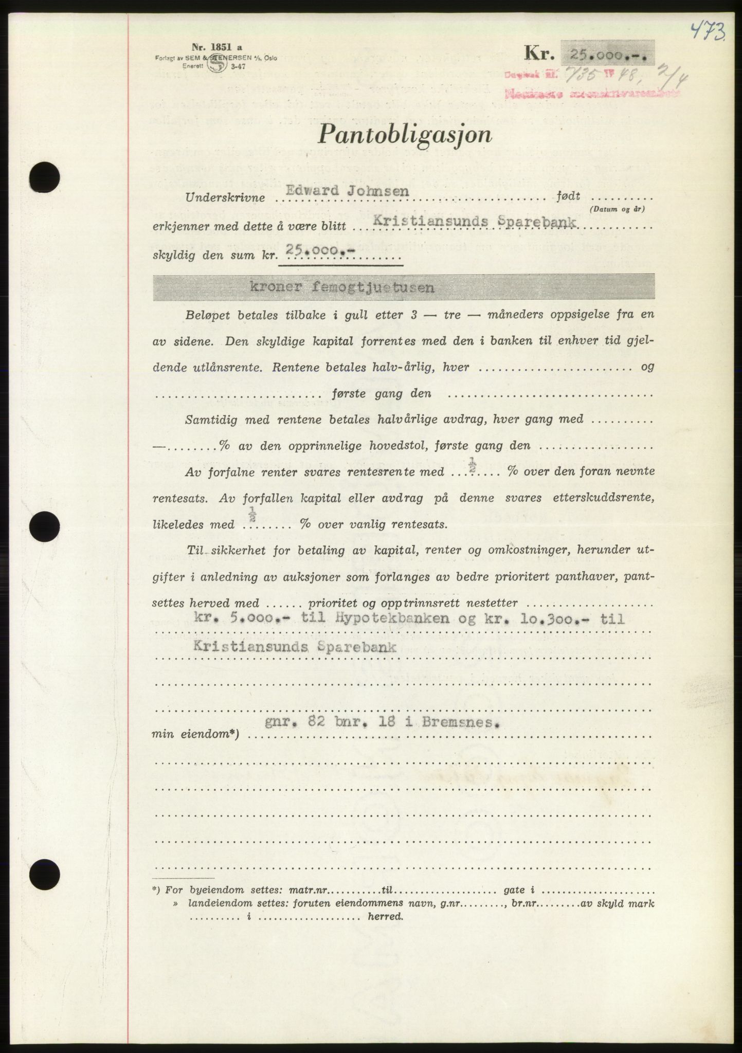 Nordmøre sorenskriveri, AV/SAT-A-4132/1/2/2Ca: Mortgage book no. B98, 1948-1948, Diary no: : 735/1948