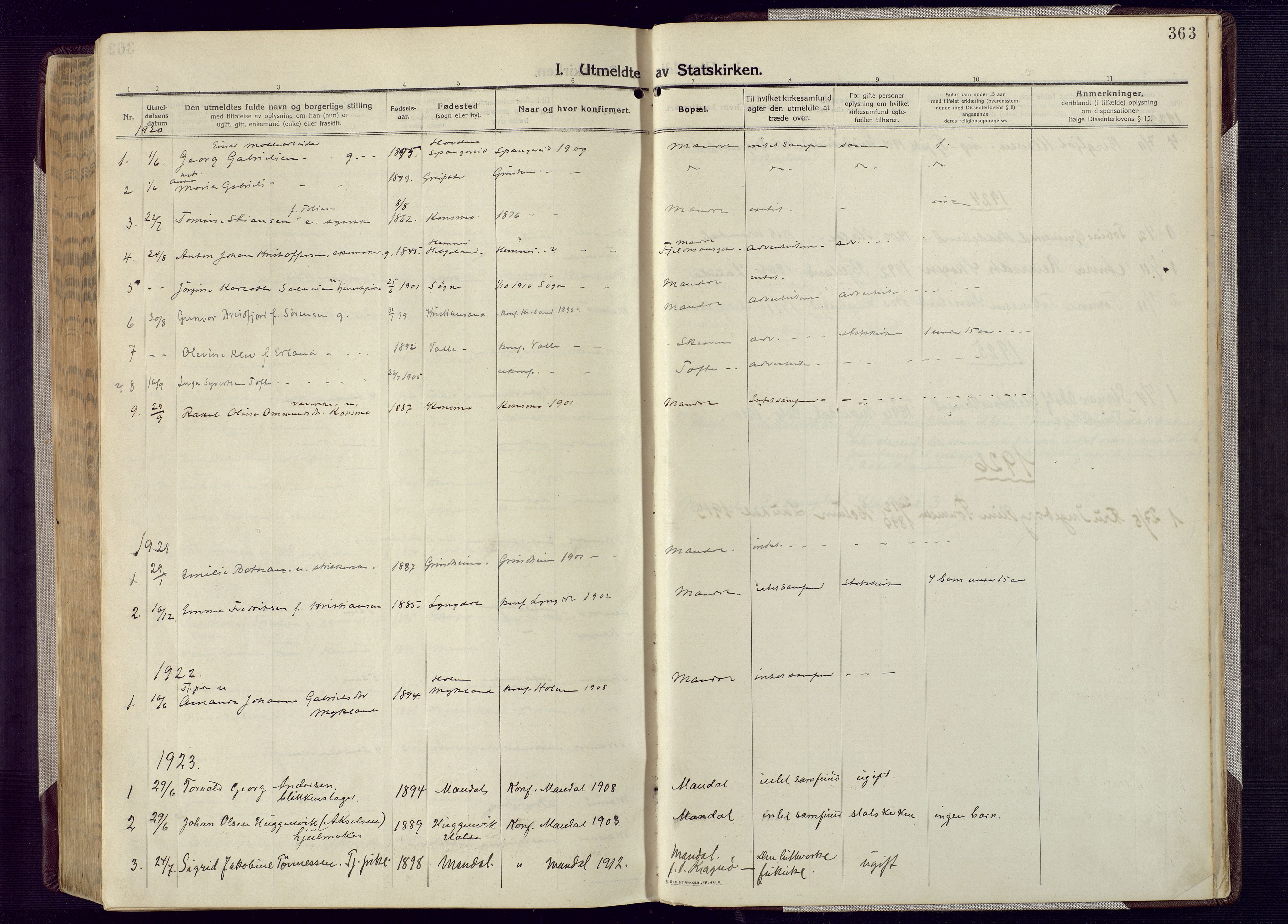 Mandal sokneprestkontor, AV/SAK-1111-0030/F/Fa/Fac/L0001: Parish register (official) no. A 1, 1913-1925, p. 363