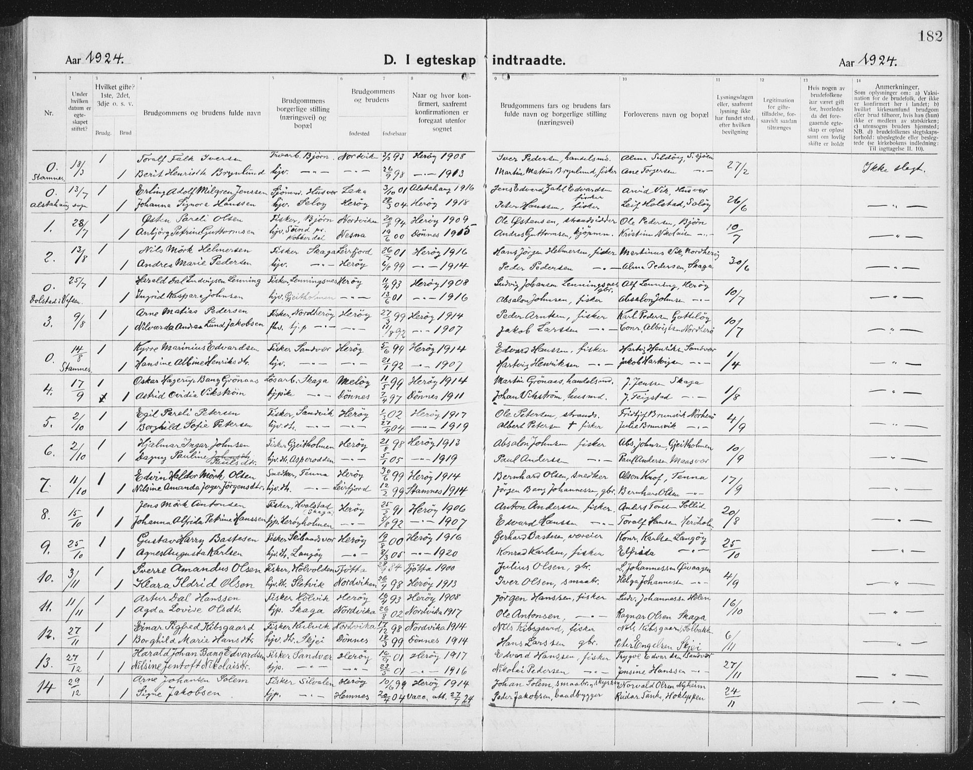 Ministerialprotokoller, klokkerbøker og fødselsregistre - Nordland, AV/SAT-A-1459/834/L0517: Parish register (copy) no. 834C07, 1919-1939, p. 182