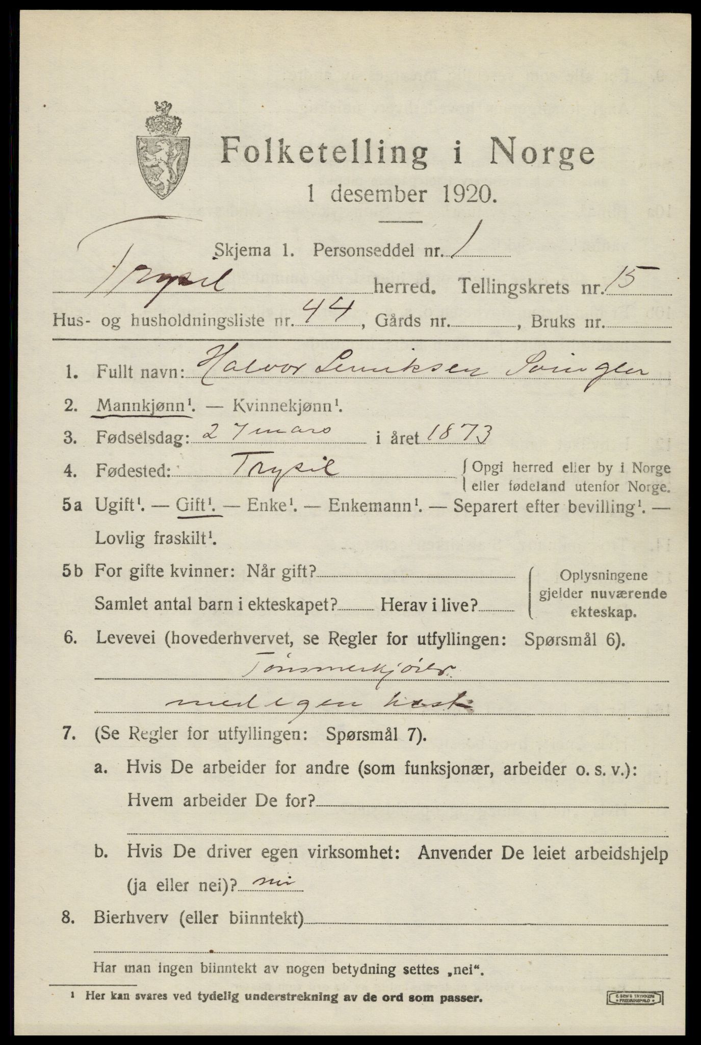 SAH, 1920 census for Trysil, 1920, p. 9419