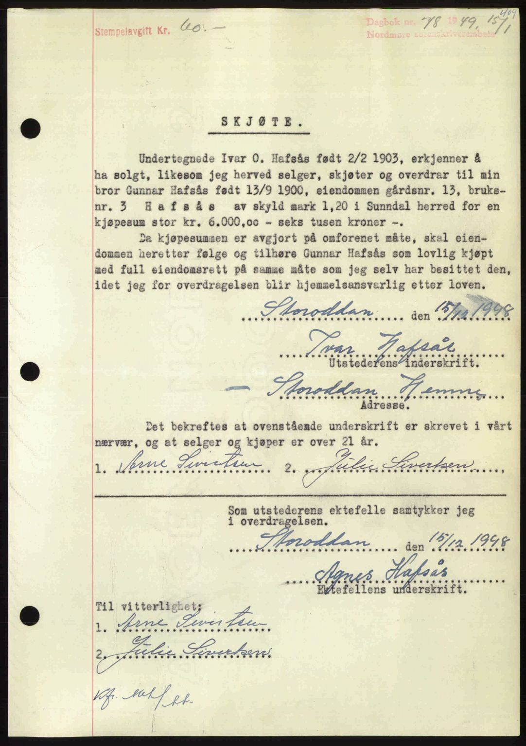 Nordmøre sorenskriveri, AV/SAT-A-4132/1/2/2Ca: Mortgage book no. A110, 1948-1949, Diary no: : 78/1949