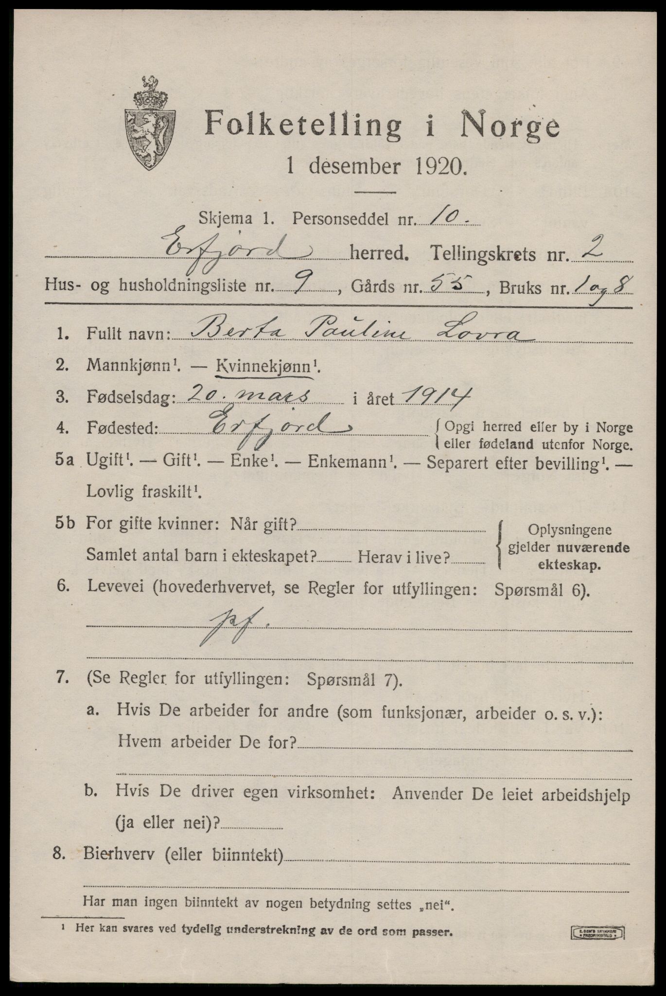 SAST, 1920 census for Erfjord, 1920, p. 729