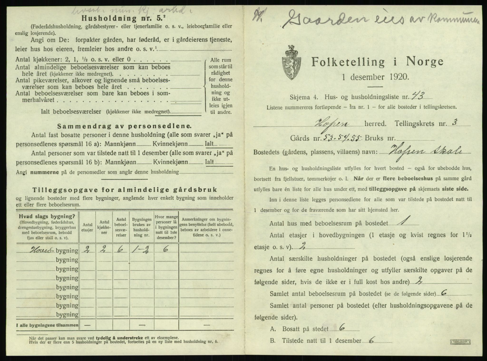 SAT, 1920 census for Hopen, 1920, p. 288