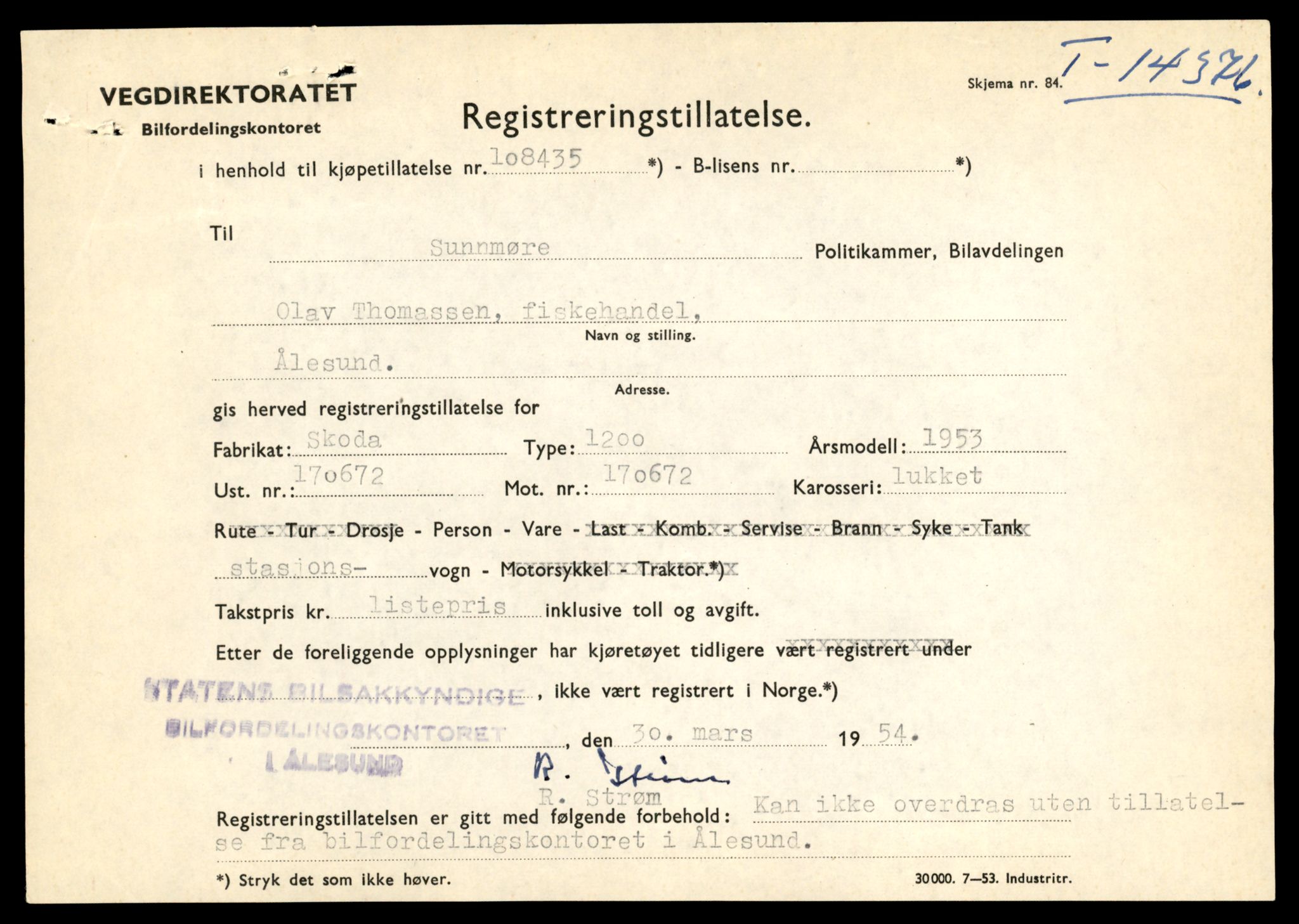 Møre og Romsdal vegkontor - Ålesund trafikkstasjon, AV/SAT-A-4099/F/Fe/L0045: Registreringskort for kjøretøy T 14320 - T 14444, 1927-1998, p. 1495