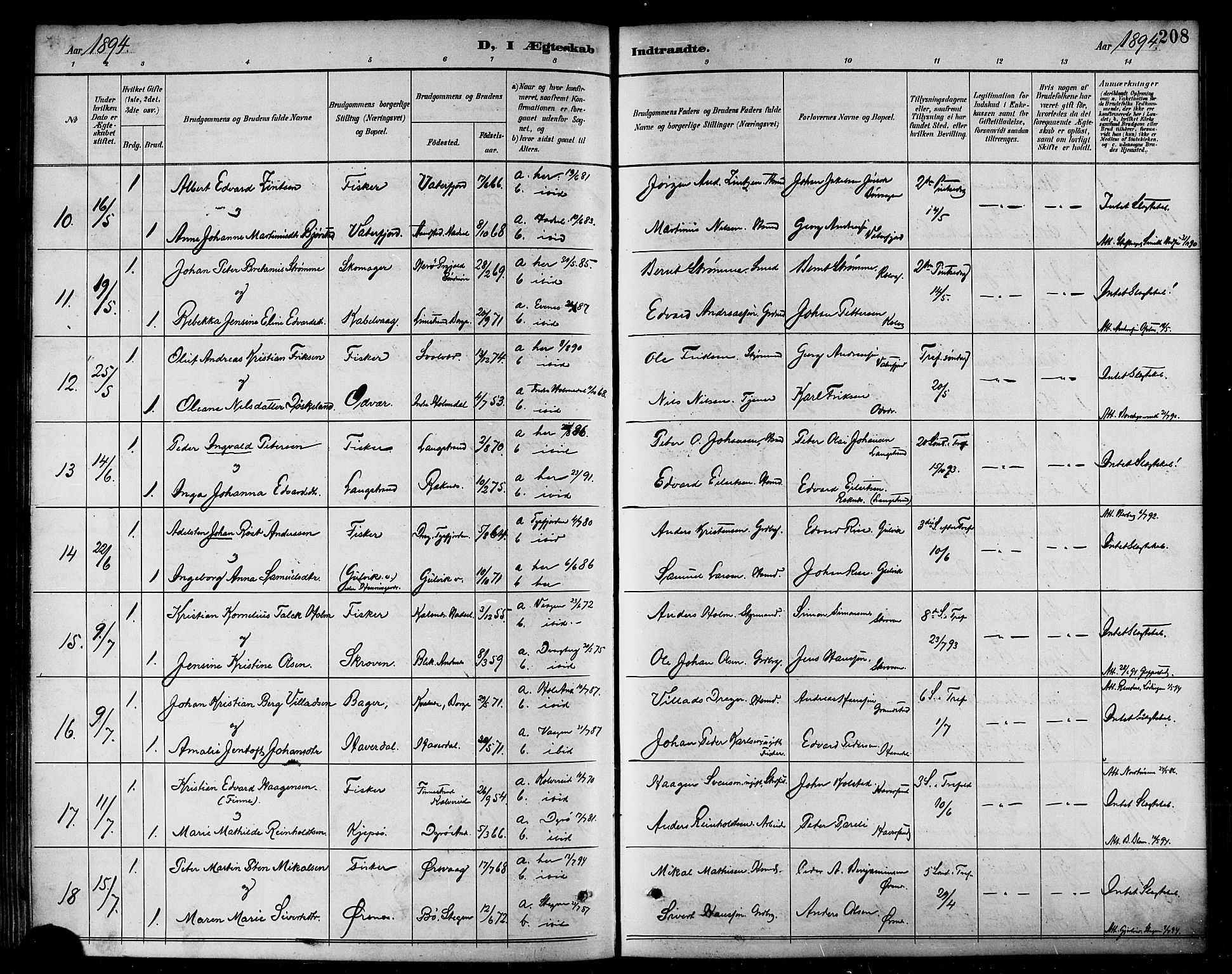 Ministerialprotokoller, klokkerbøker og fødselsregistre - Nordland, AV/SAT-A-1459/874/L1060: Parish register (official) no. 874A04, 1890-1899, p. 208