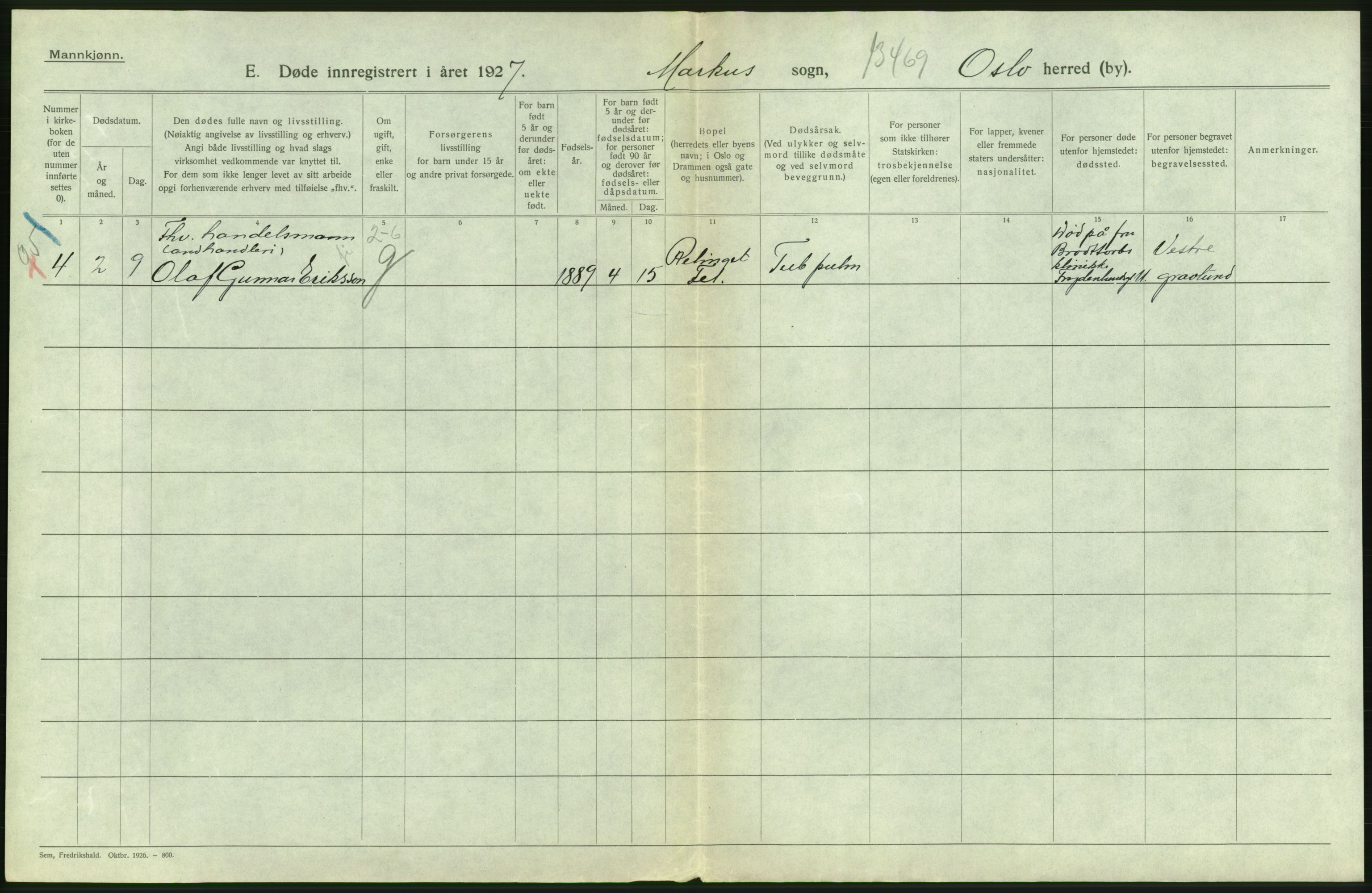 Statistisk sentralbyrå, Sosiodemografiske emner, Befolkning, AV/RA-S-2228/D/Df/Dfc/Dfcg/L0009: Oslo: Døde menn, 1927, p. 216