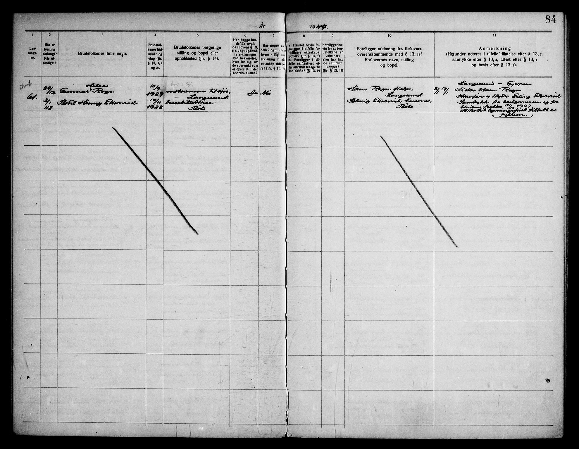 Gjerpen kirkebøker, SAKO/A-265/H/Hb/L0001: Banns register no. II 1, 1920-1950, p. 84