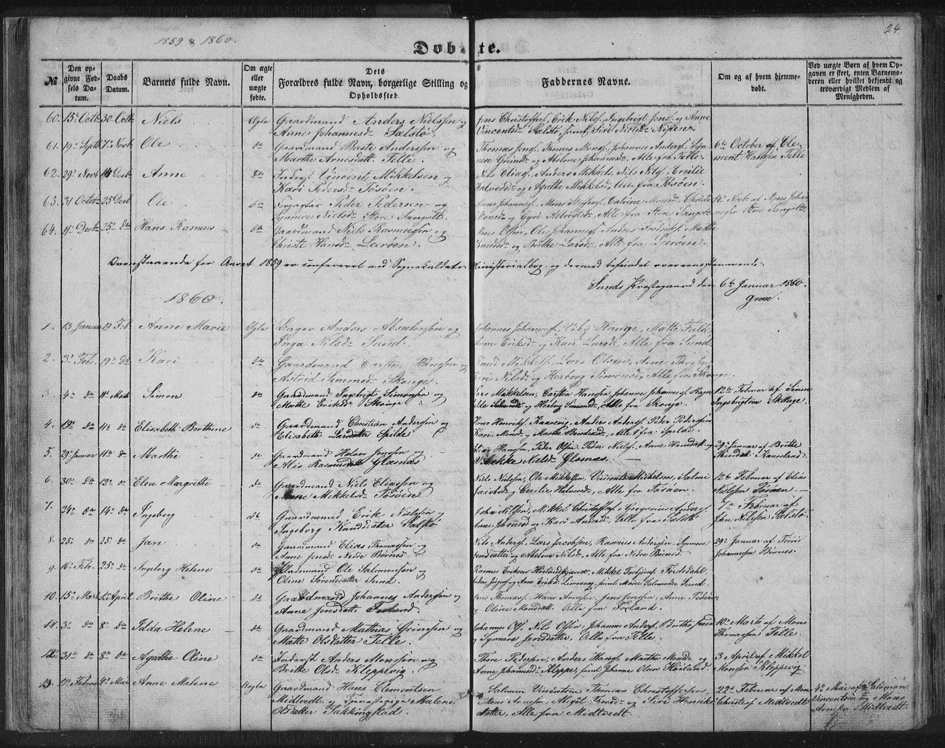 Sund sokneprestembete, SAB/A-99930: Parish register (copy) no. B 1, 1852-1873, p. 24