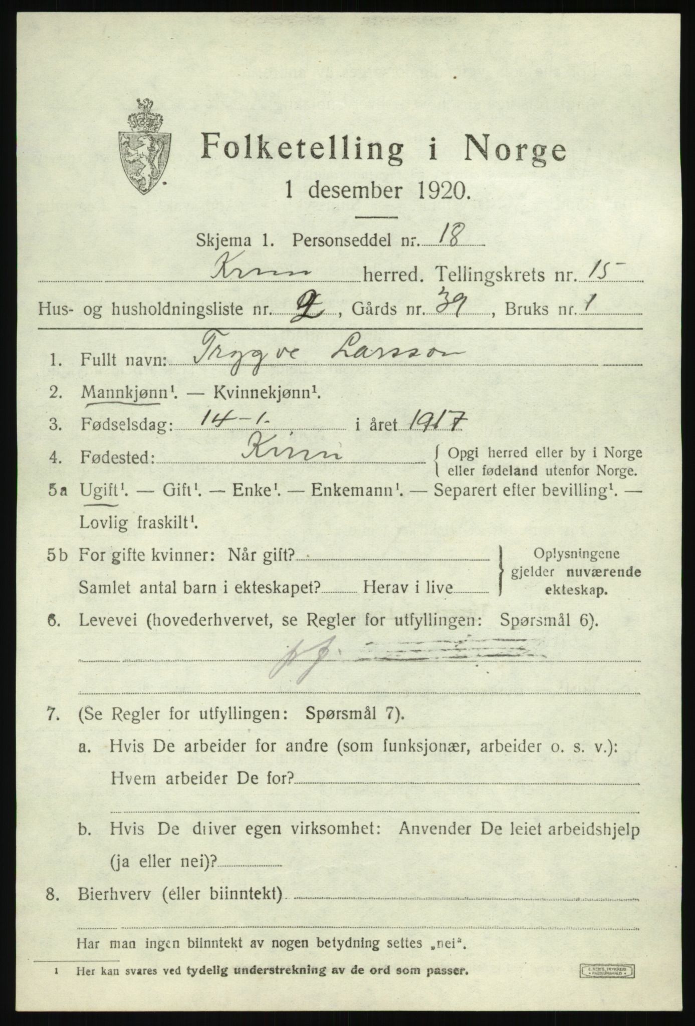 SAB, 1920 census for Kinn, 1920, p. 5377