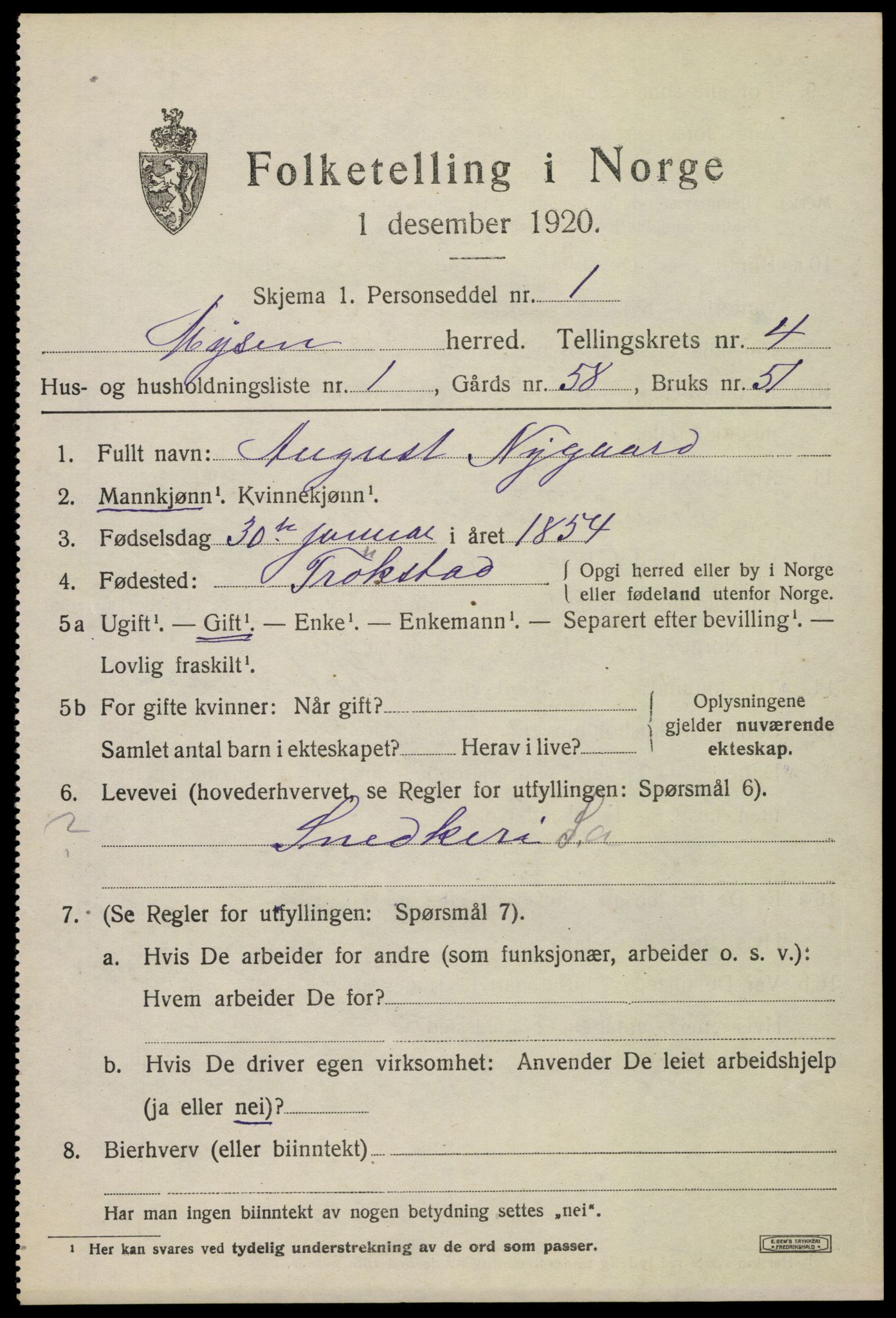 SAO, 1920 census for Mysen, 1920, p. 2437