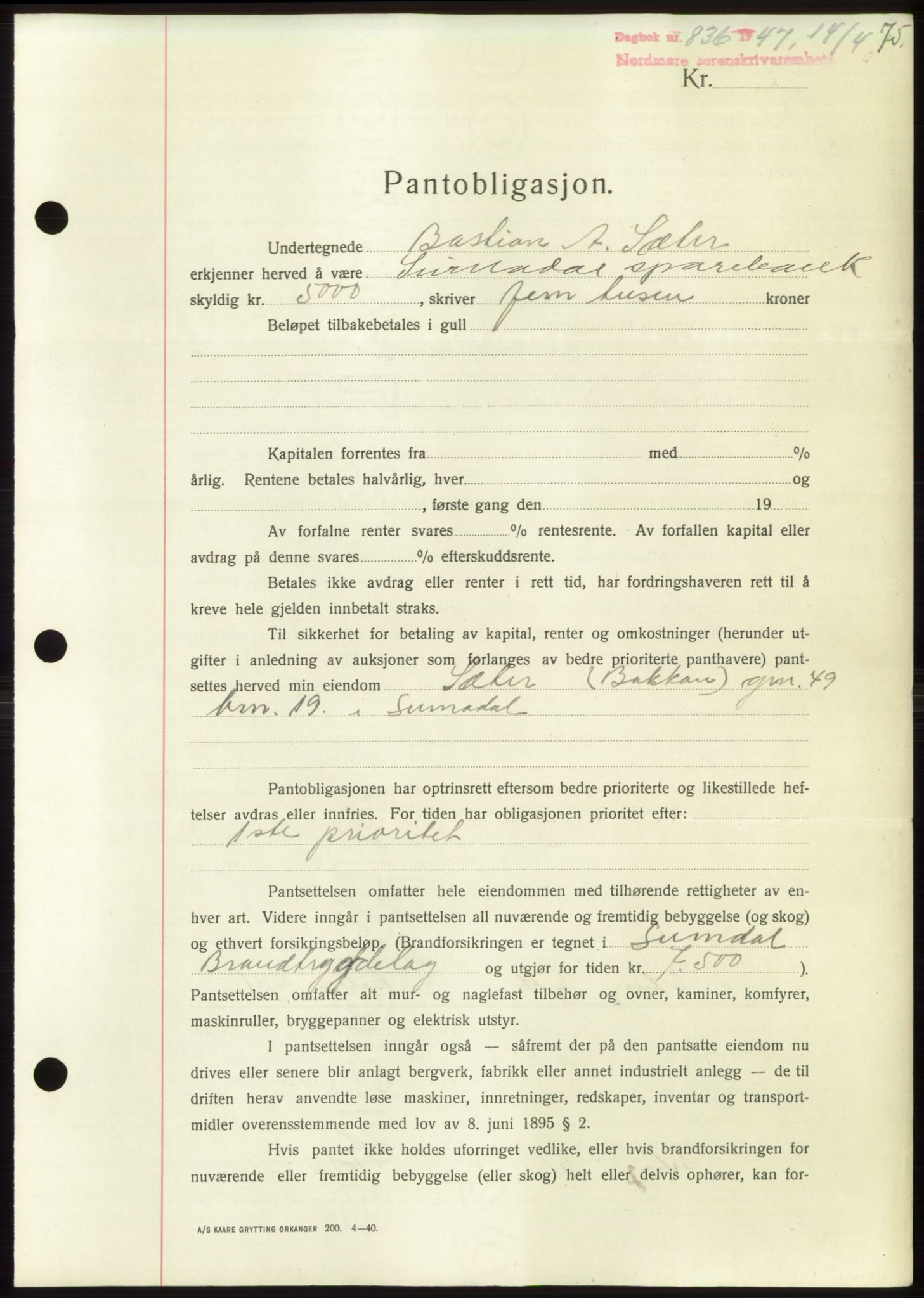 Nordmøre sorenskriveri, AV/SAT-A-4132/1/2/2Ca: Mortgage book no. B96, 1947-1947, Diary no: : 836/1947