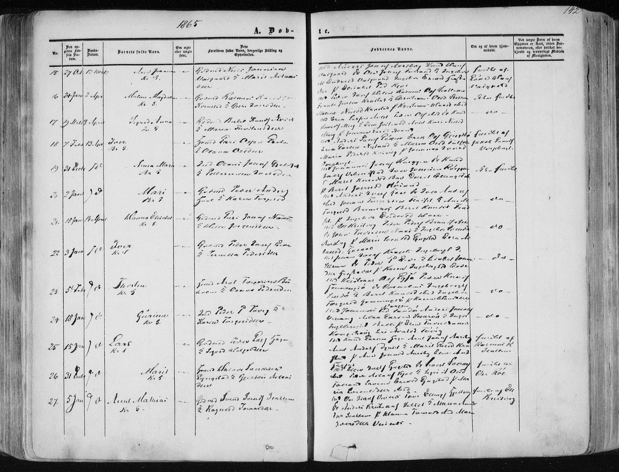 Ministerialprotokoller, klokkerbøker og fødselsregistre - Møre og Romsdal, AV/SAT-A-1454/568/L0804: Parish register (official) no. 568A11, 1854-1868, p. 142