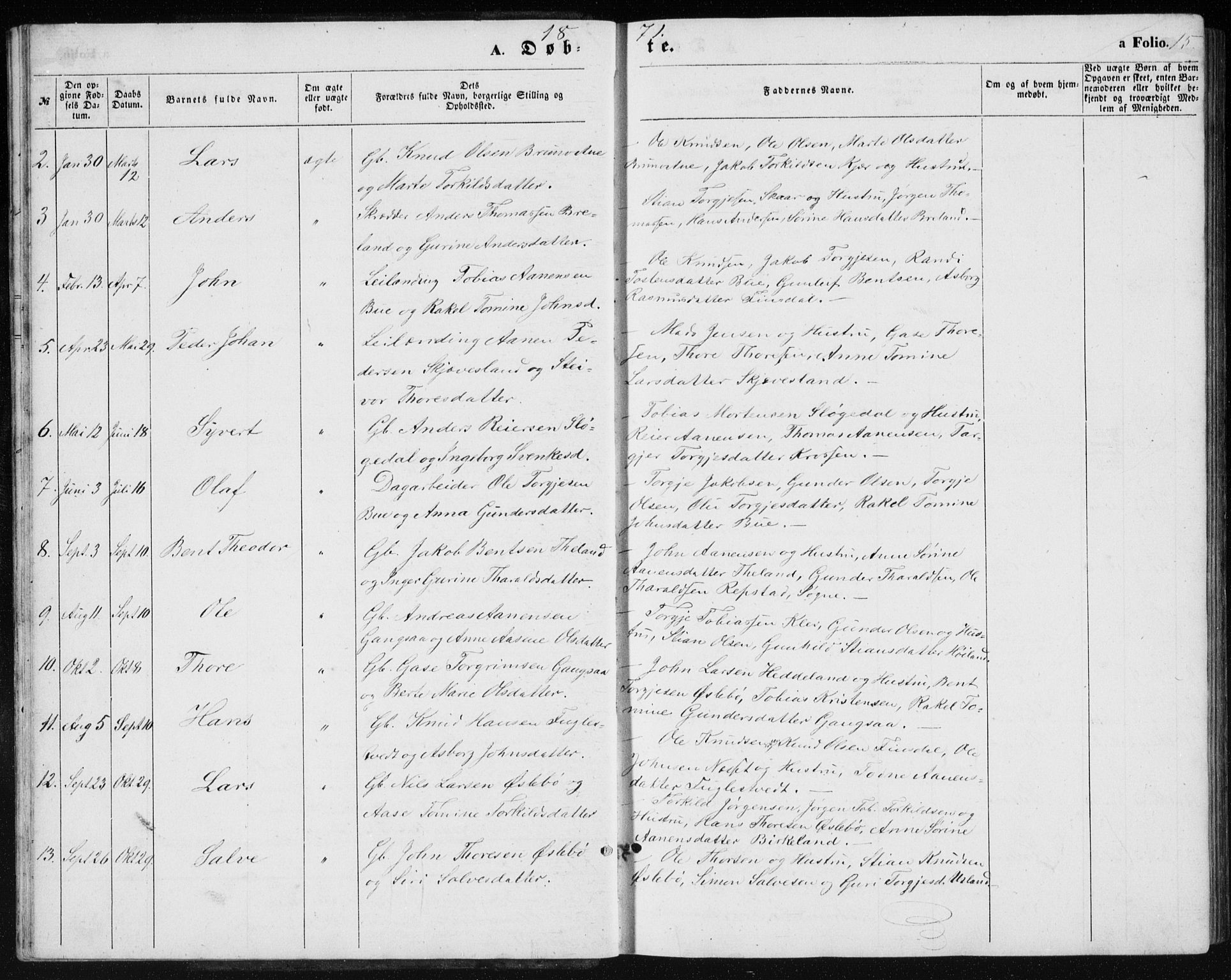 Holum sokneprestkontor, AV/SAK-1111-0022/F/Fb/Fbc/L0002: Parish register (copy) no. B 2, 1860-1882, p. 15