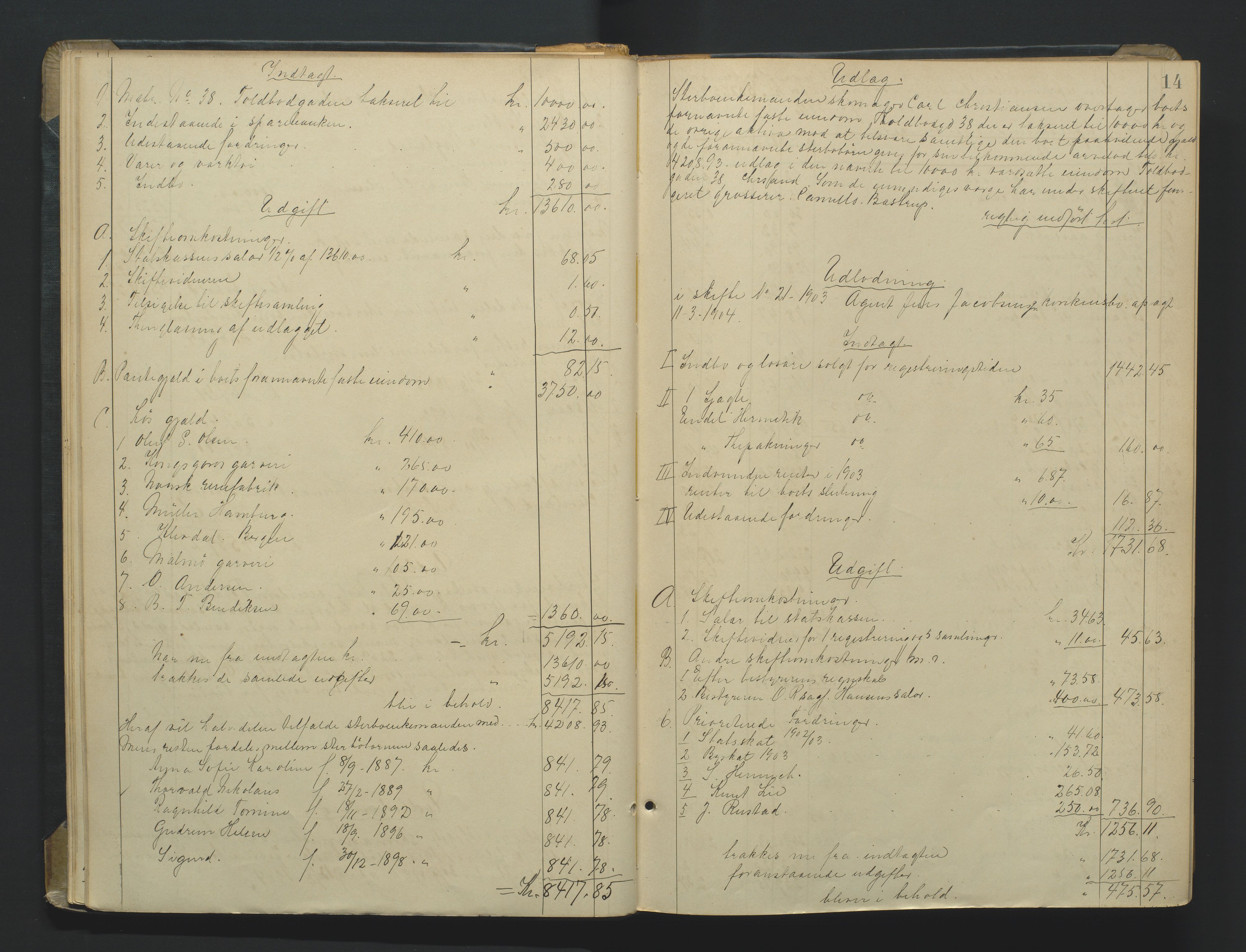 Kristiansand byrett, AV/SAK-1223-0001/H/Hc/L0060: Skifteutlodningsprotokoll nr. 6, med register, 1903-1916, p. 14
