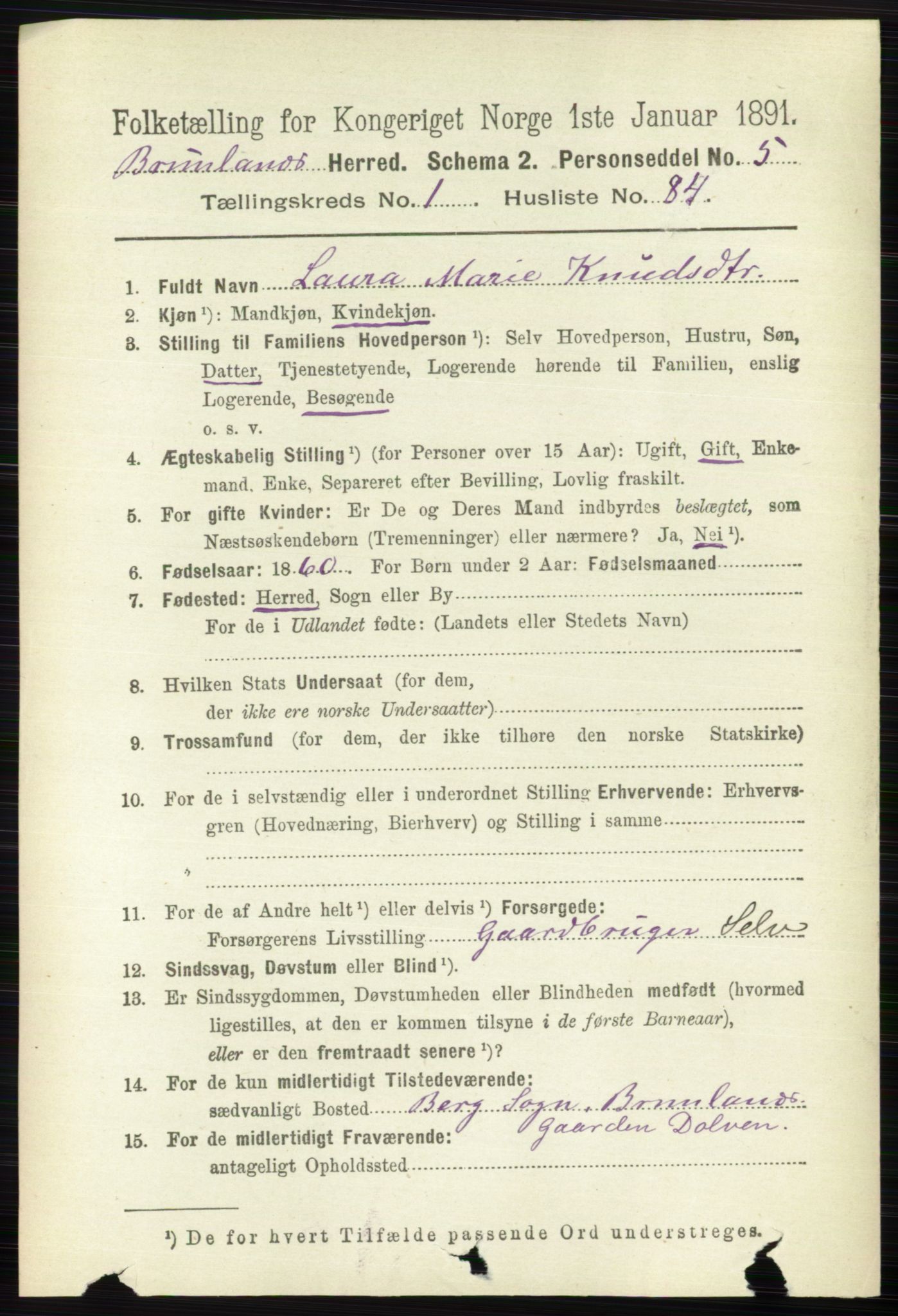 RA, 1891 census for 0726 Brunlanes, 1891, p. 597