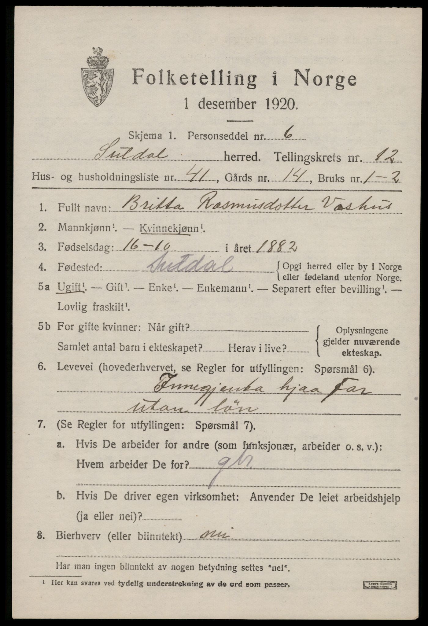 SAST, 1920 census for Suldal, 1920, p. 3936