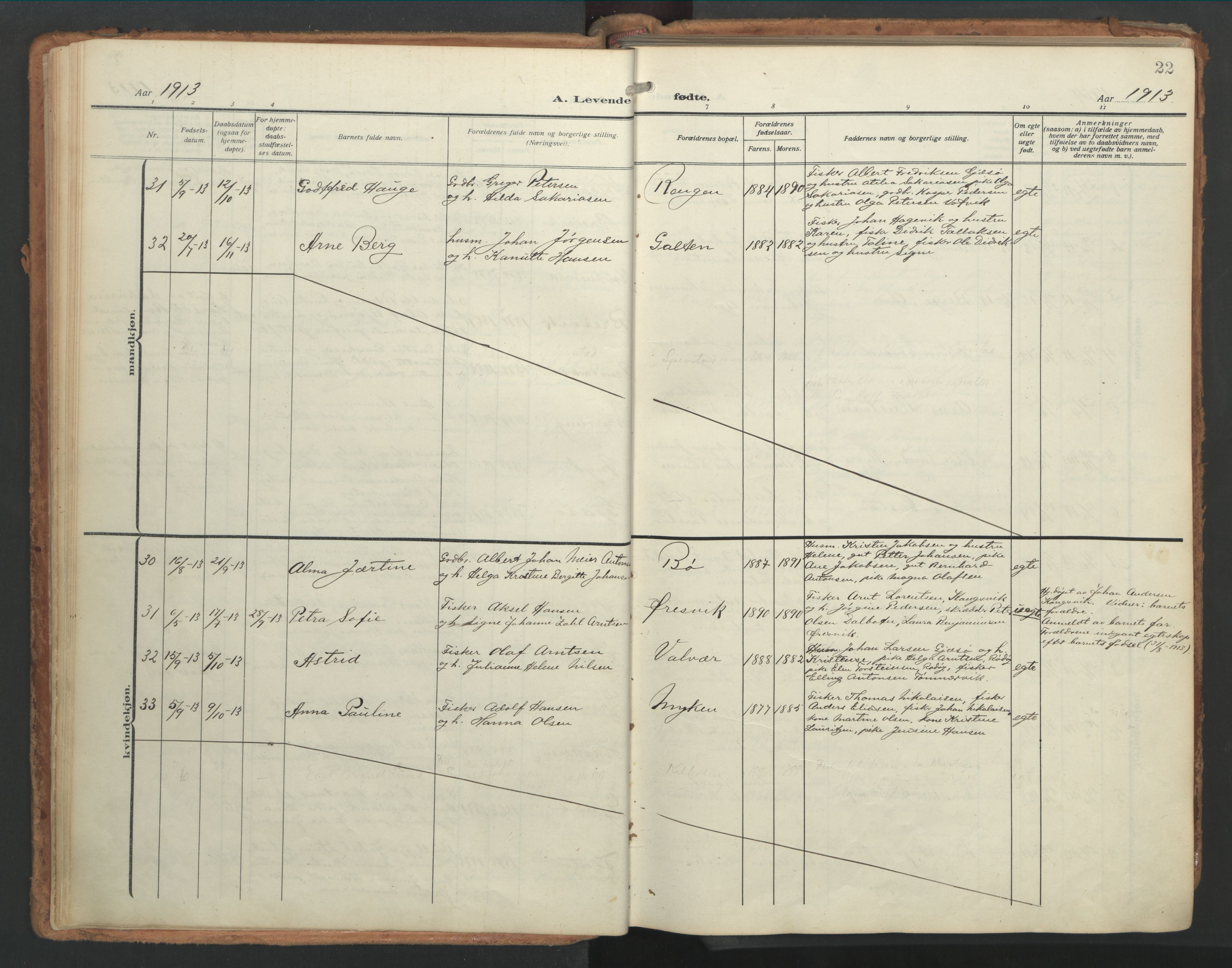 Ministerialprotokoller, klokkerbøker og fødselsregistre - Nordland, AV/SAT-A-1459/841/L0614: Parish register (official) no. 841A17, 1911-1925, p. 22