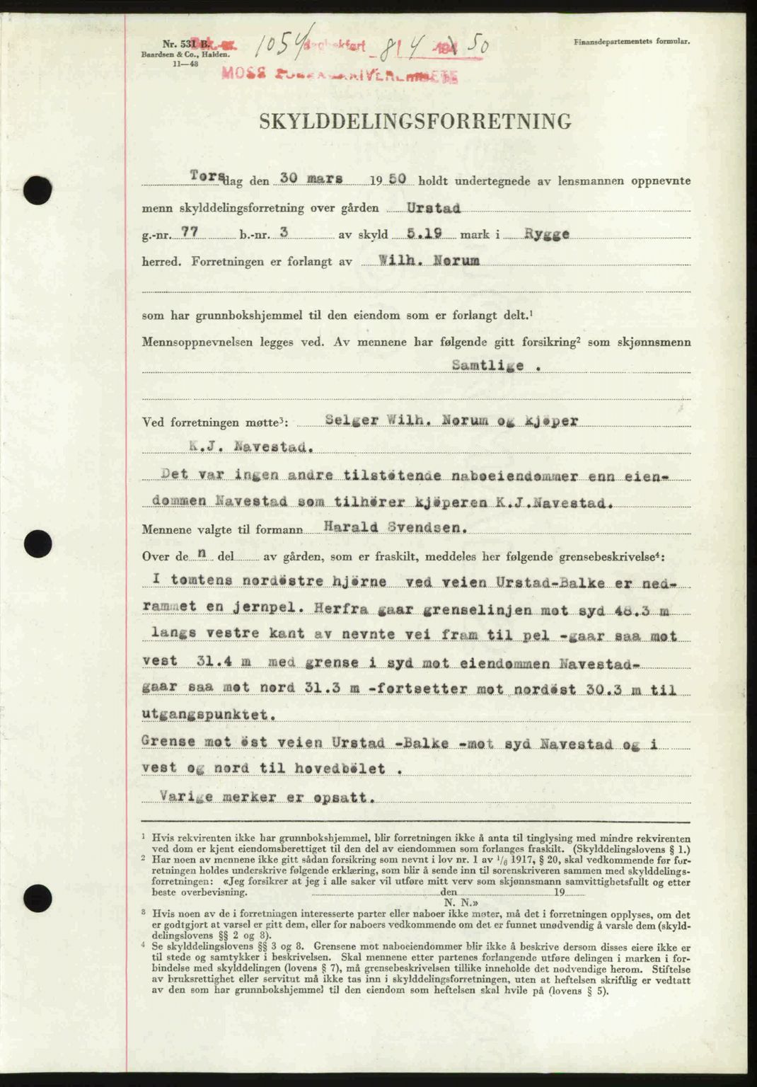 Moss sorenskriveri, SAO/A-10168: Mortgage book no. A25, 1950-1950, Diary no: : 1054/1950