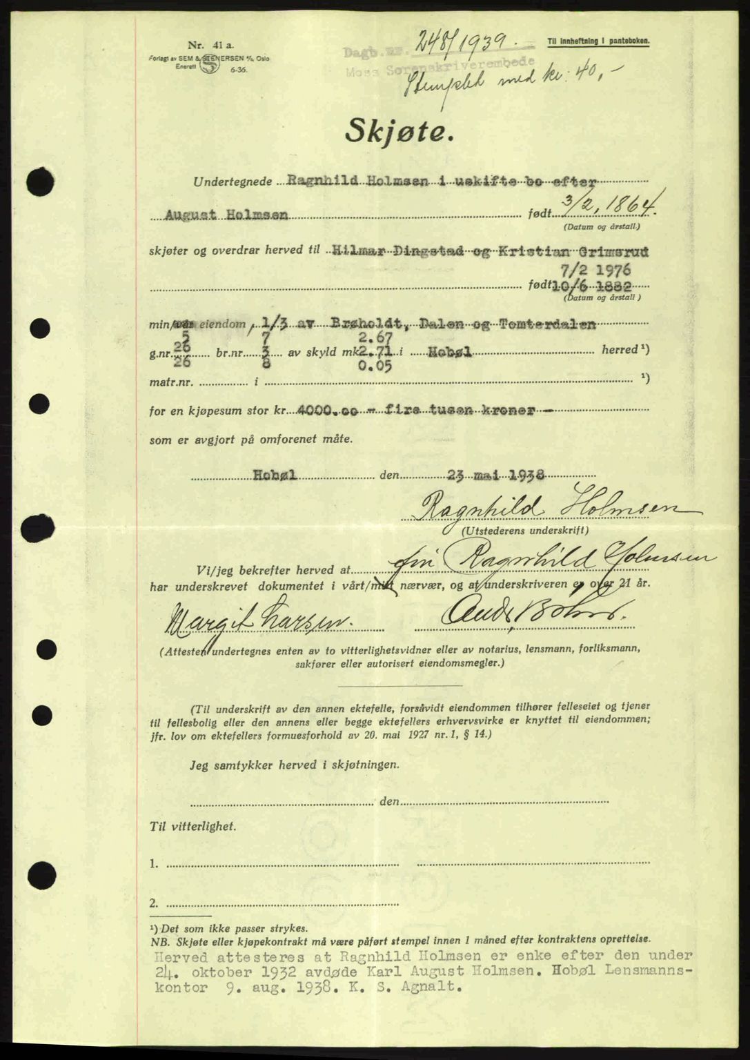 Moss sorenskriveri, SAO/A-10168: Mortgage book no. A5, 1938-1939, Diary no: : 248/1939