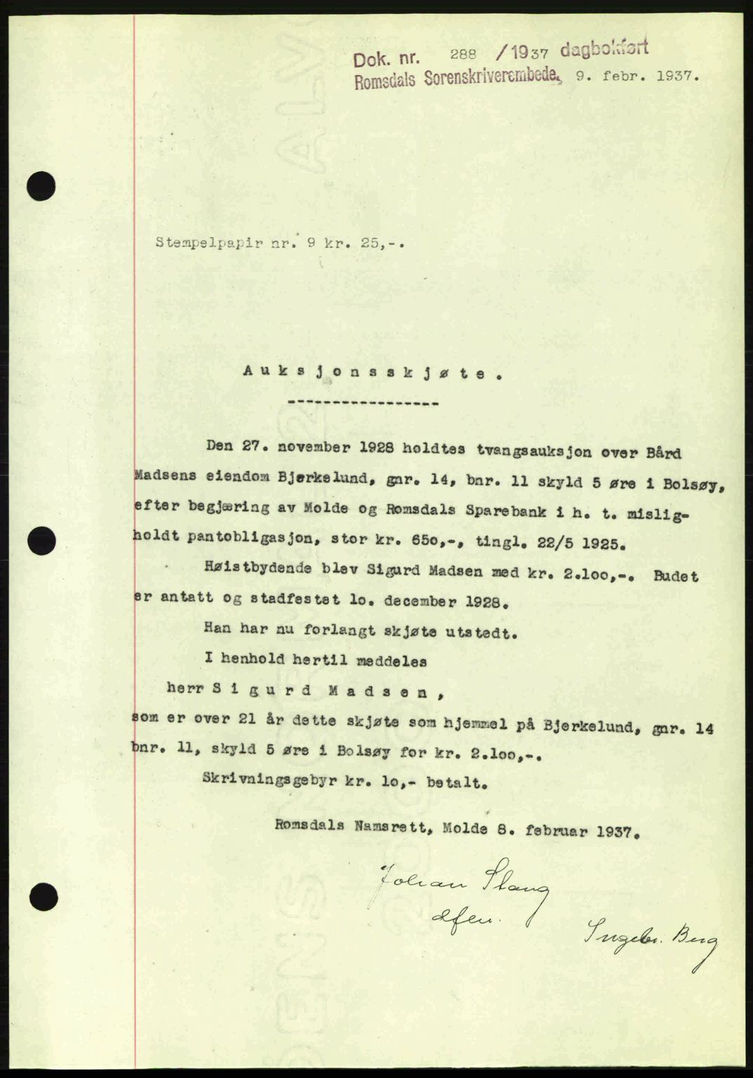 Romsdal sorenskriveri, SAT/A-4149/1/2/2C: Mortgage book no. A2, 1936-1937, Diary no: : 288/1937