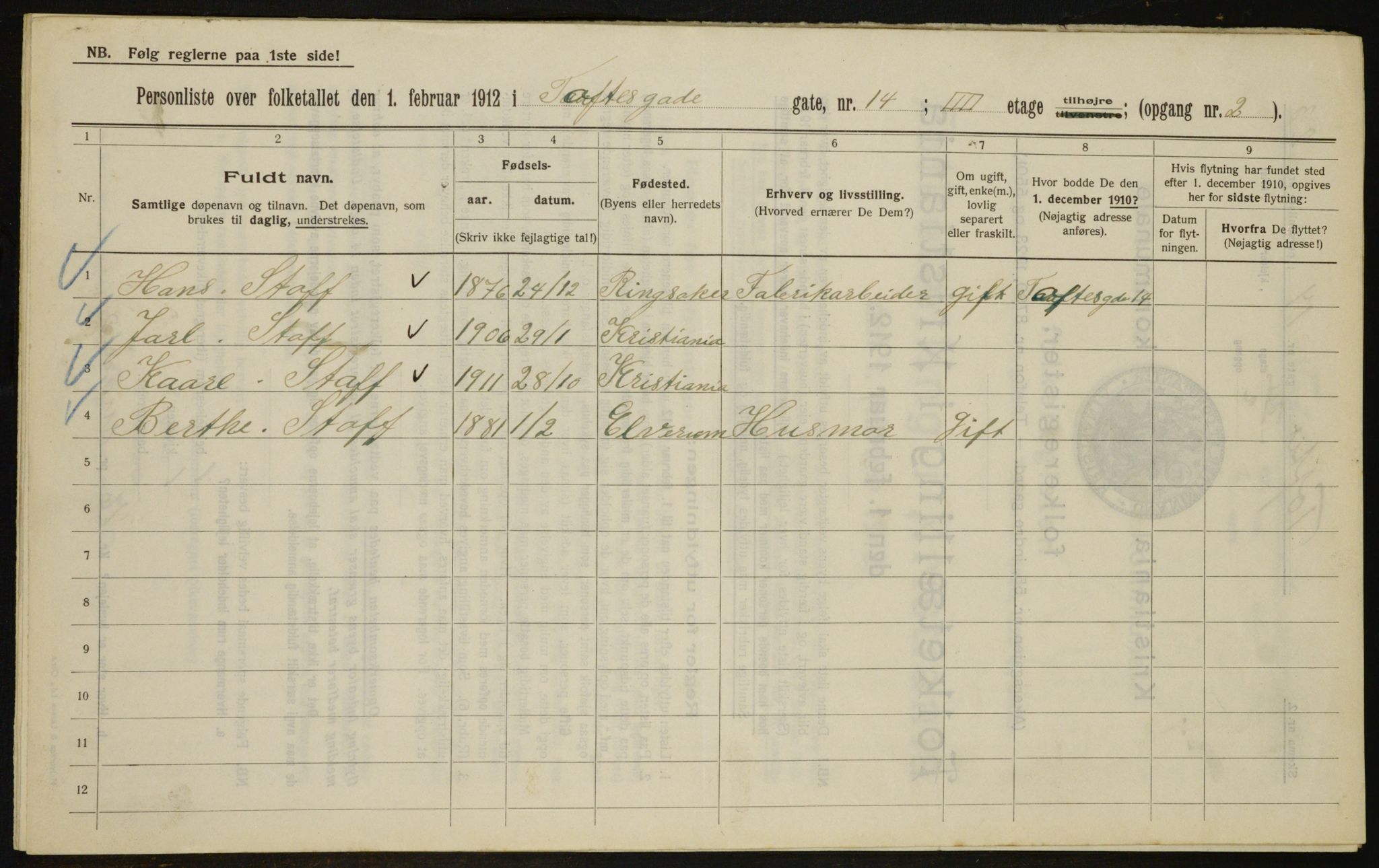 OBA, Municipal Census 1912 for Kristiania, 1912, p. 111512