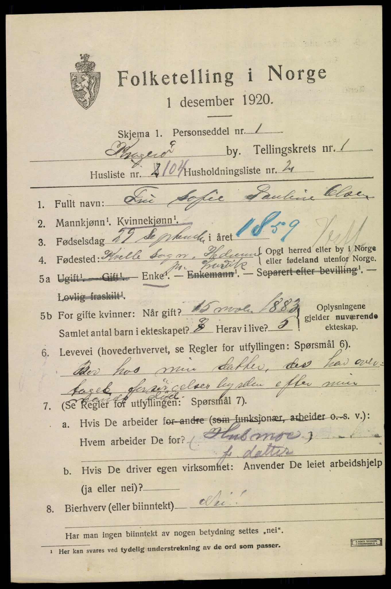 SAKO, 1920 census for Kragerø, 1920, p. 5301