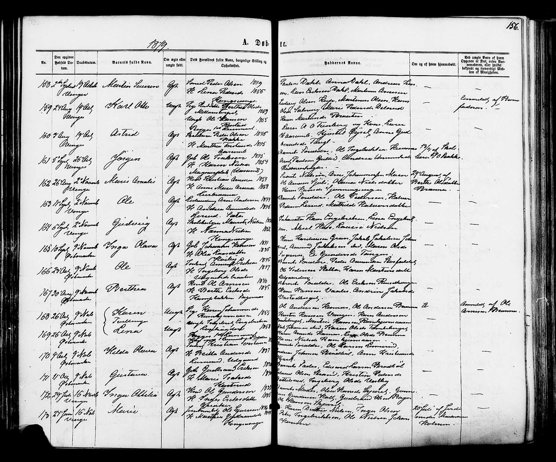 Vinger prestekontor, SAH/PREST-024/H/Ha/Haa/L0012: Parish register (official) no. 12, 1871-1880, p. 156