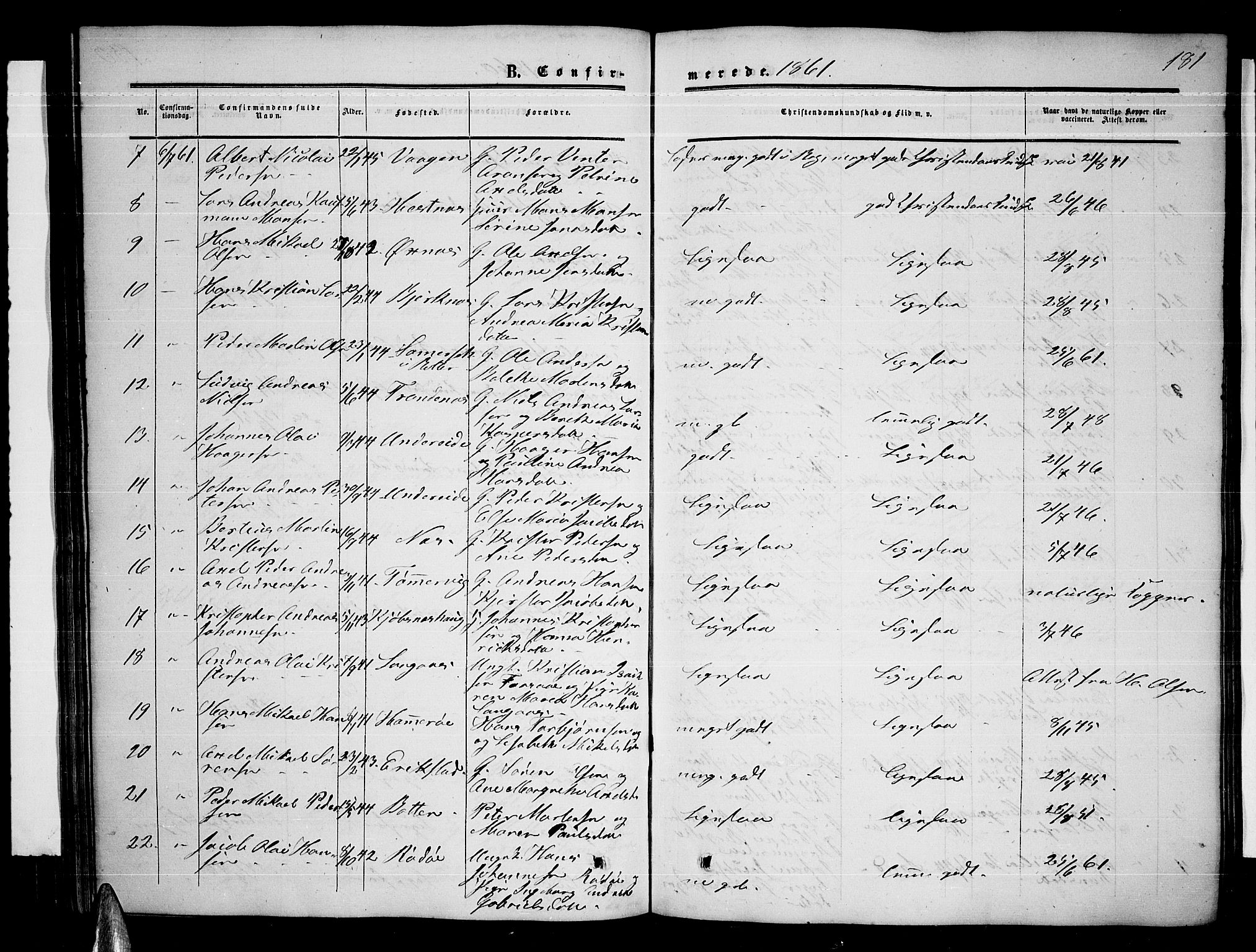 Ministerialprotokoller, klokkerbøker og fødselsregistre - Nordland, AV/SAT-A-1459/872/L1046: Parish register (copy) no. 872C02, 1852-1879, p. 181