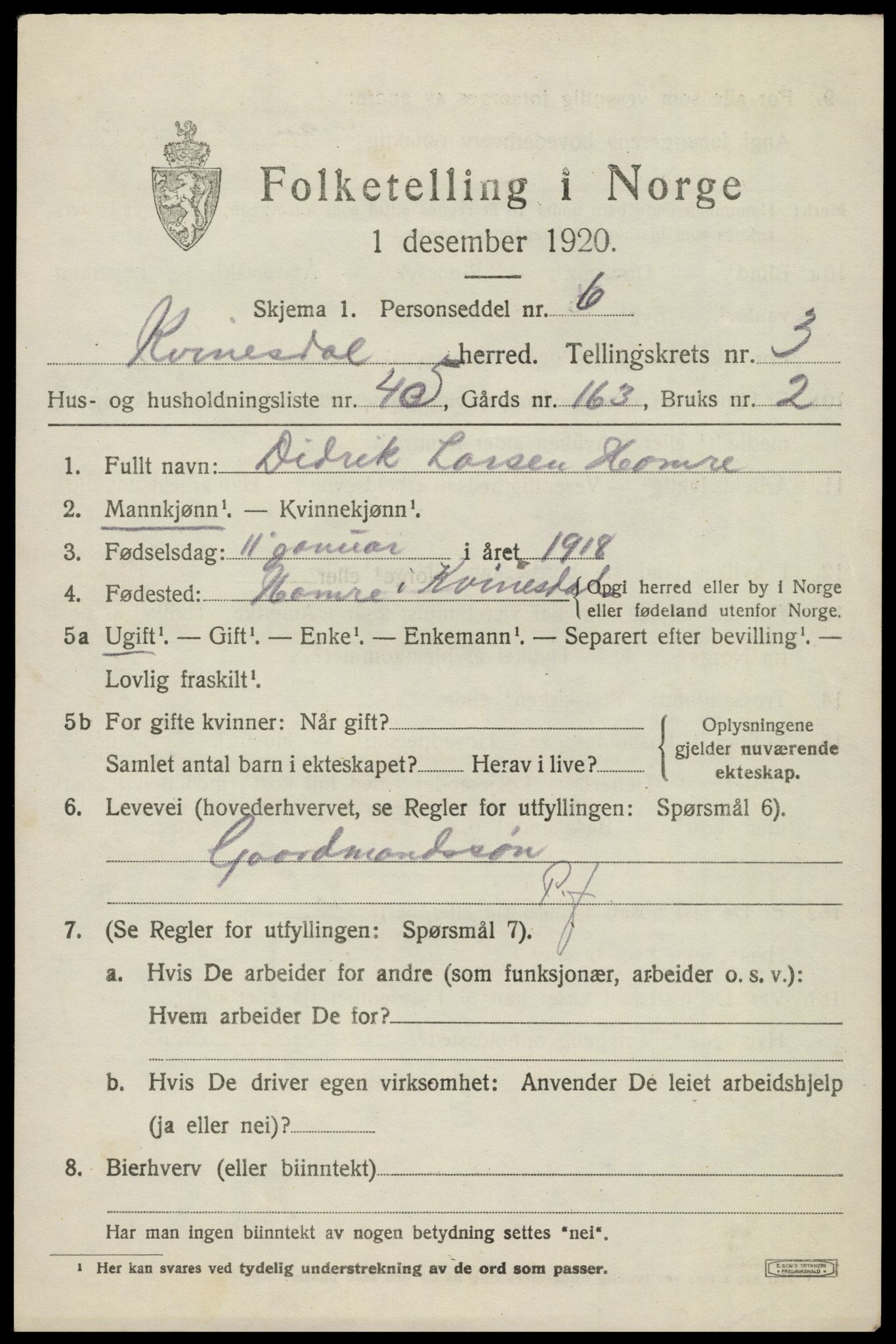 SAK, 1920 census for Kvinesdal, 1920, p. 3533