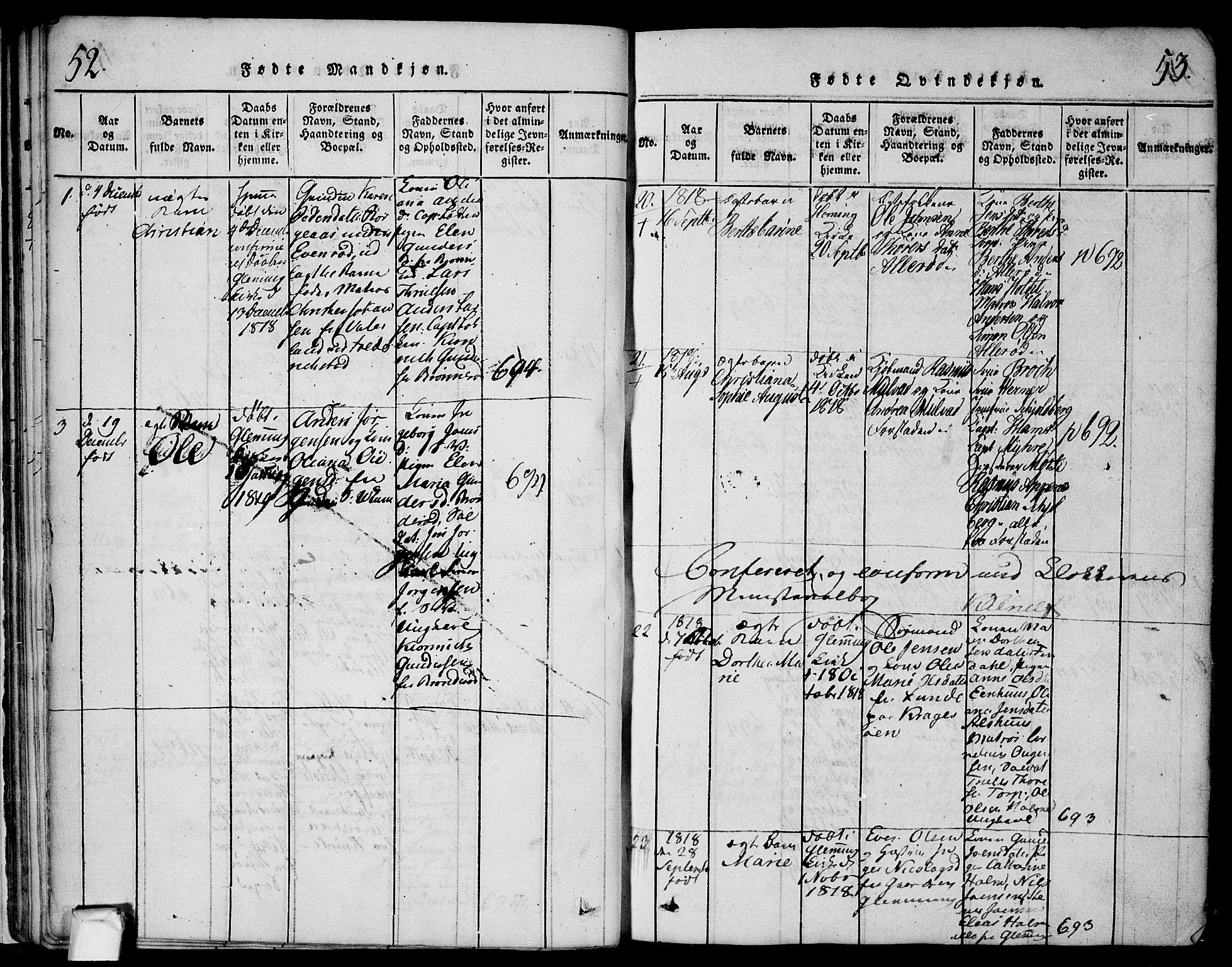 Glemmen prestekontor Kirkebøker, AV/SAO-A-10908/F/Fa/L0004: Parish register (official) no. 4, 1816-1838, p. 52-53